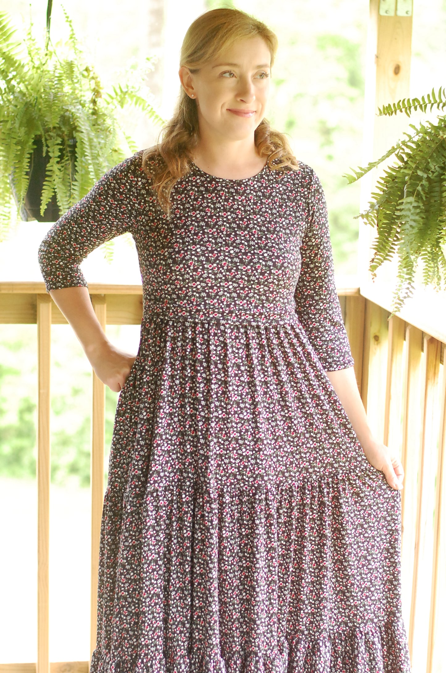 "Midnight Blooms" Black Floral Nursing Friendly Round Neck Tiered Dress