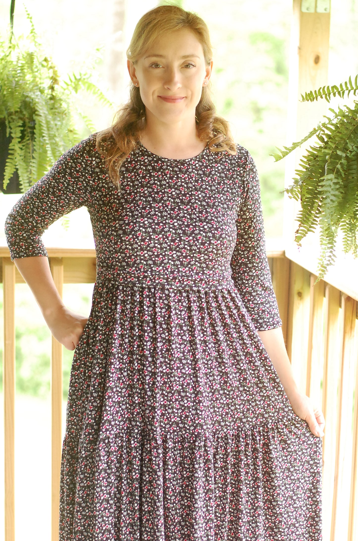 "Midnight Blooms" Black Floral Nursing Friendly Round Neck Tiered Dress