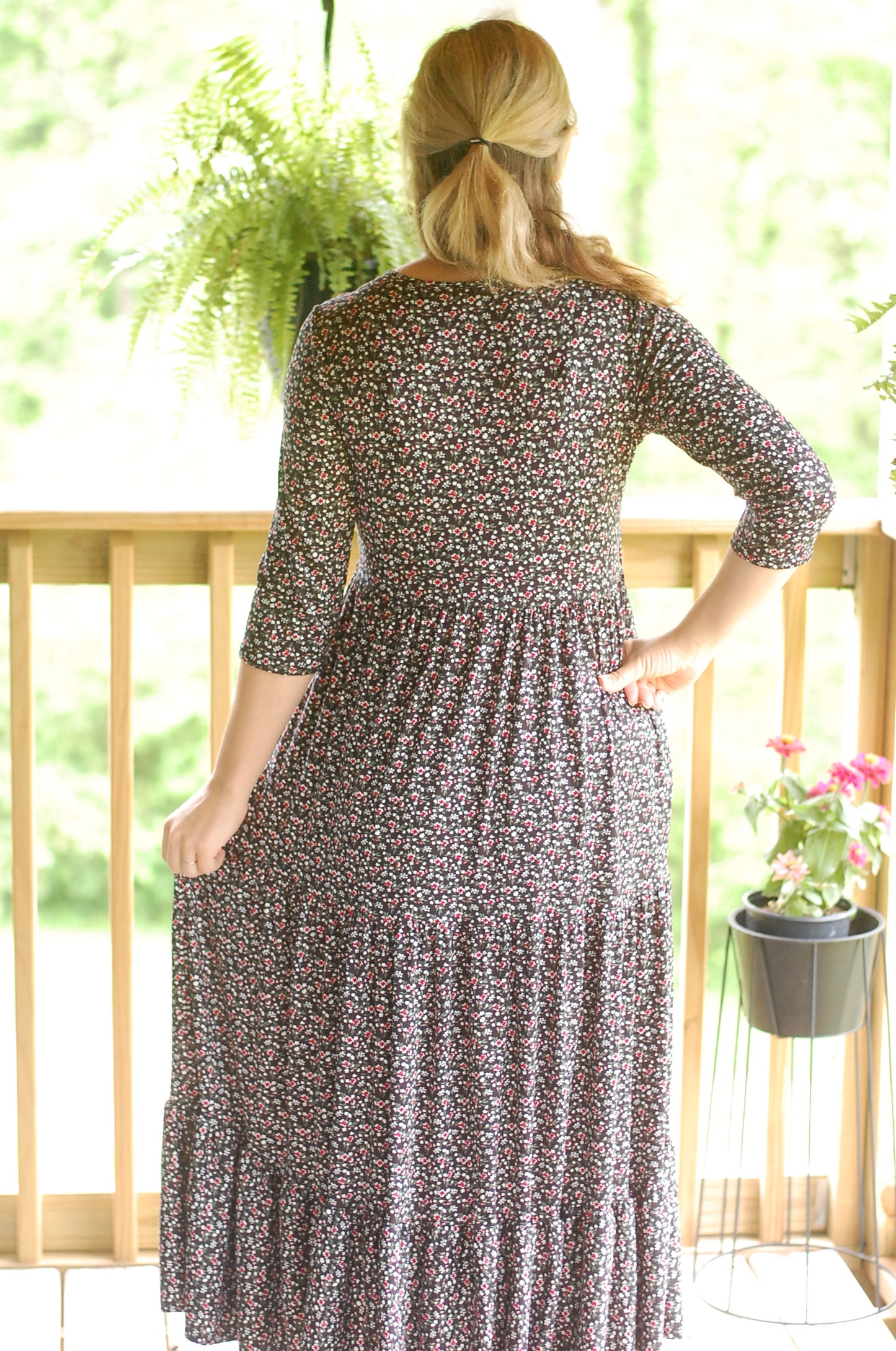 "Midnight Blooms" Black Floral Nursing Friendly Round Neck Tiered Dress