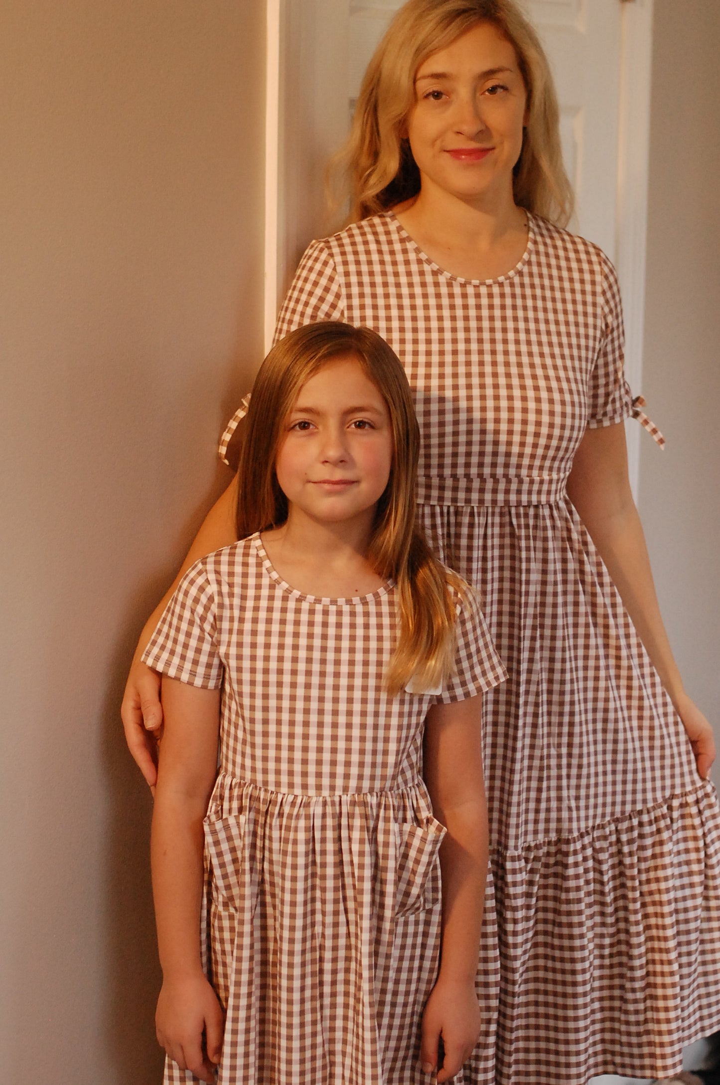 Girls Brown Gingham Front Pocket Dress