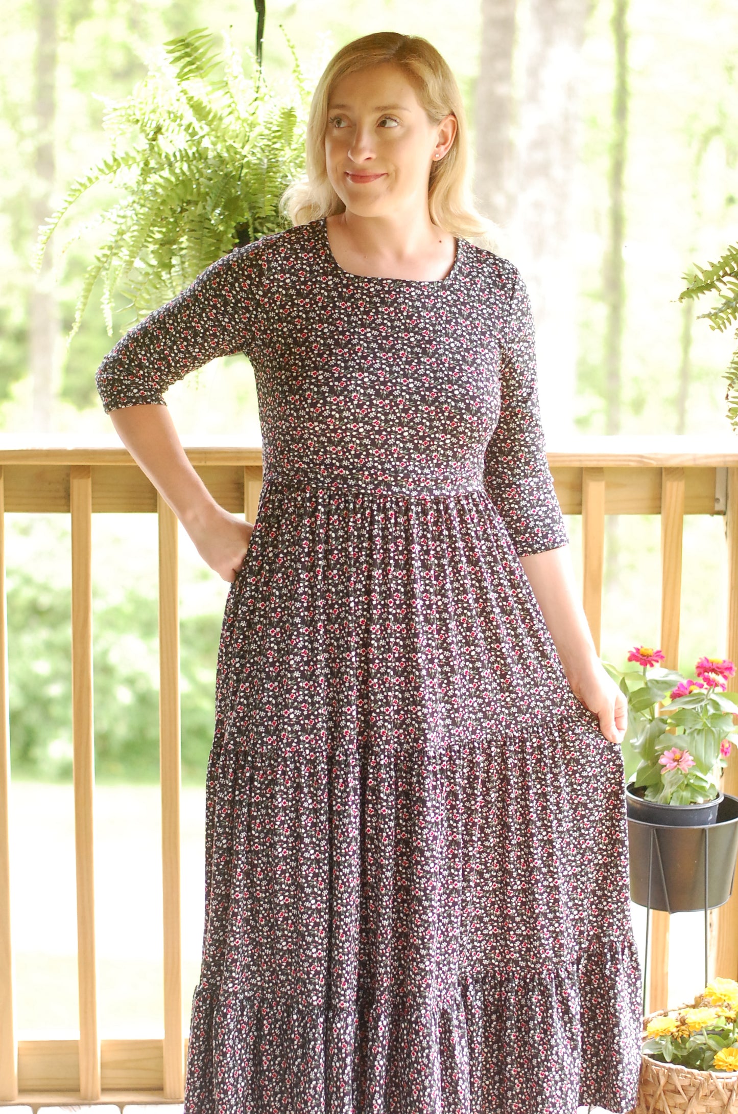 Midnight Blooms Black Floral Nursing Friendly Square Neck Tiered Dress
