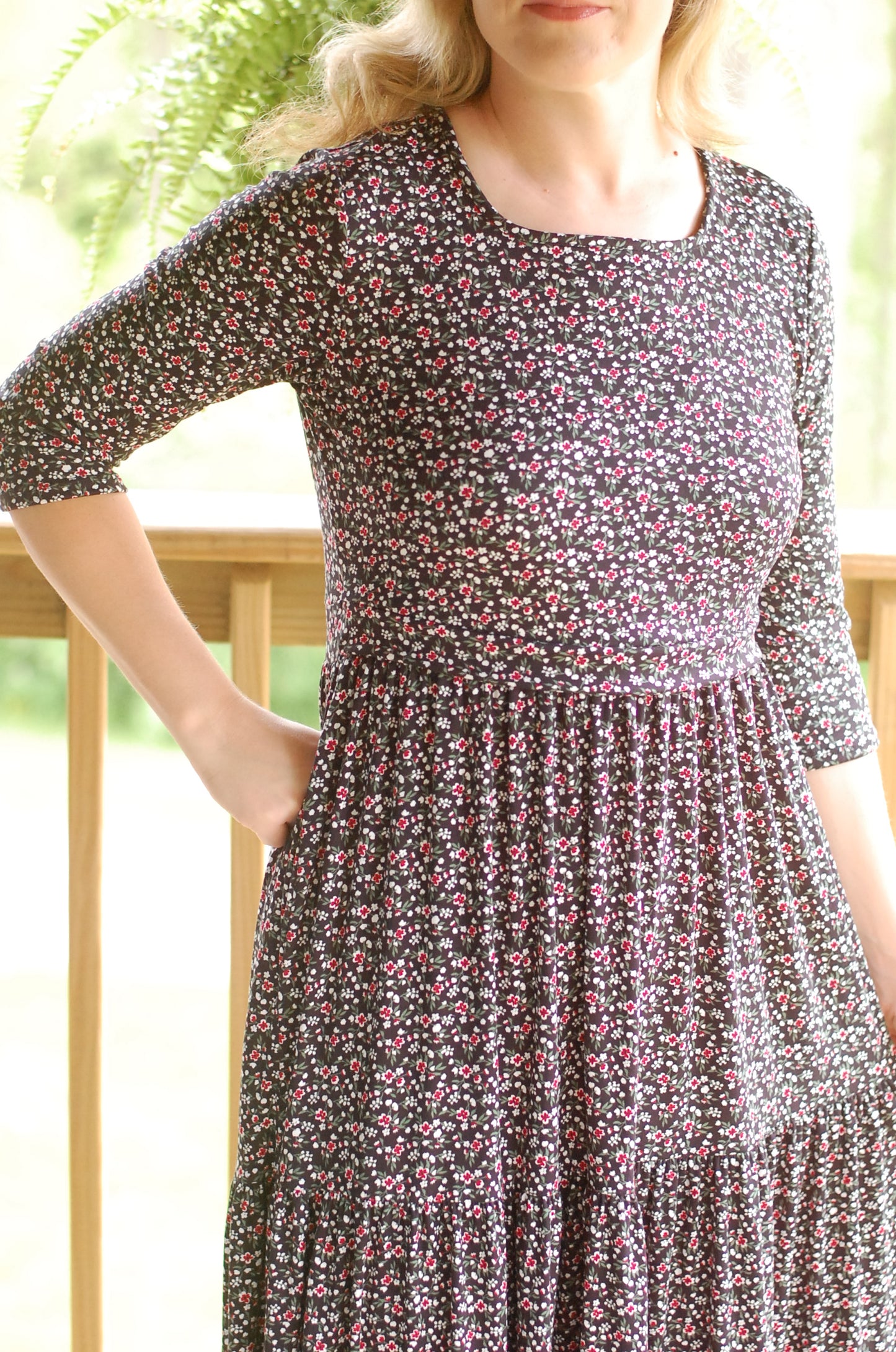 Midnight Blooms Black Floral Nursing Friendly Square Neck Tiered Dress