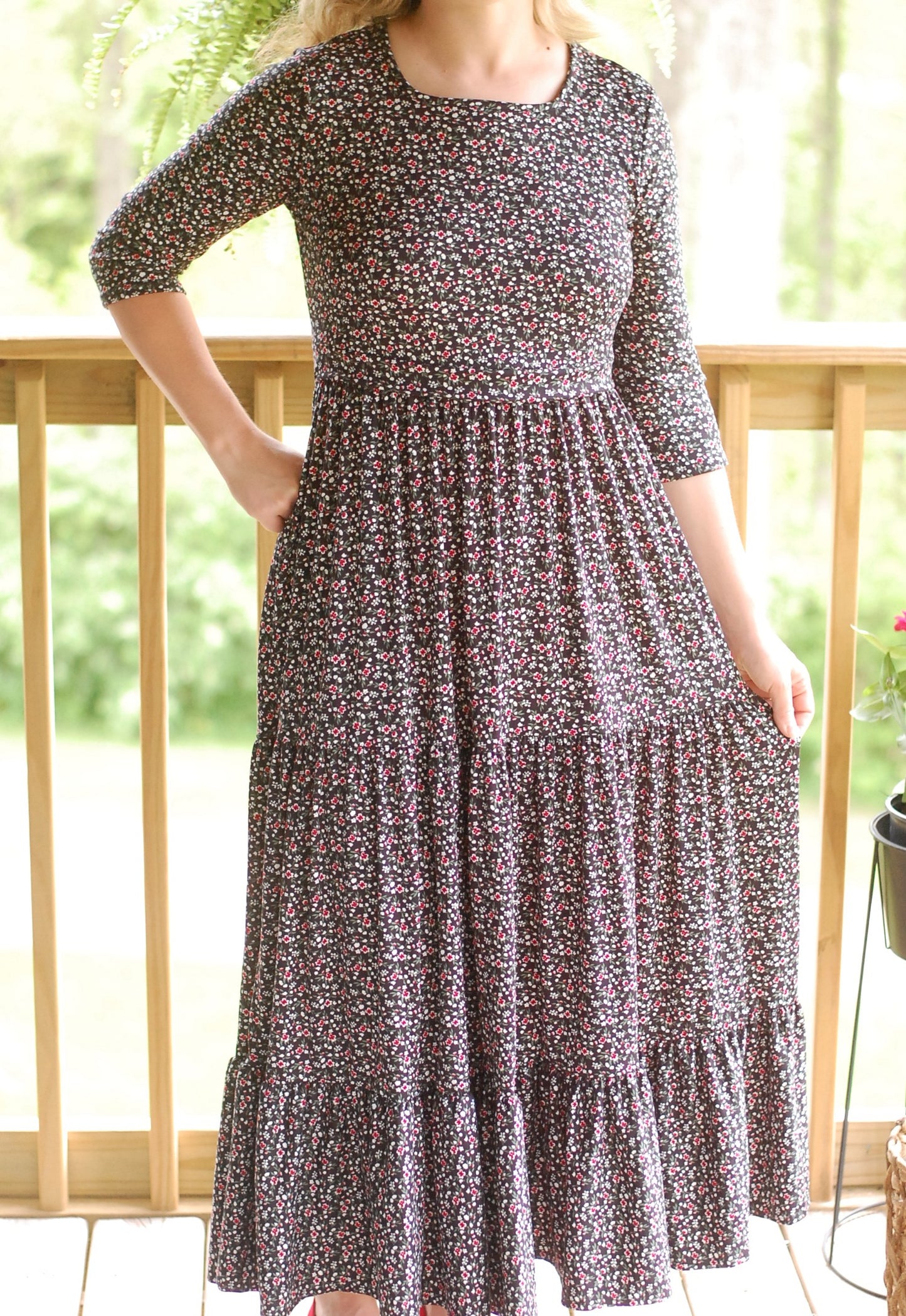 Midnight Blooms Black Floral Nursing Friendly Square Neck Tiered Dress