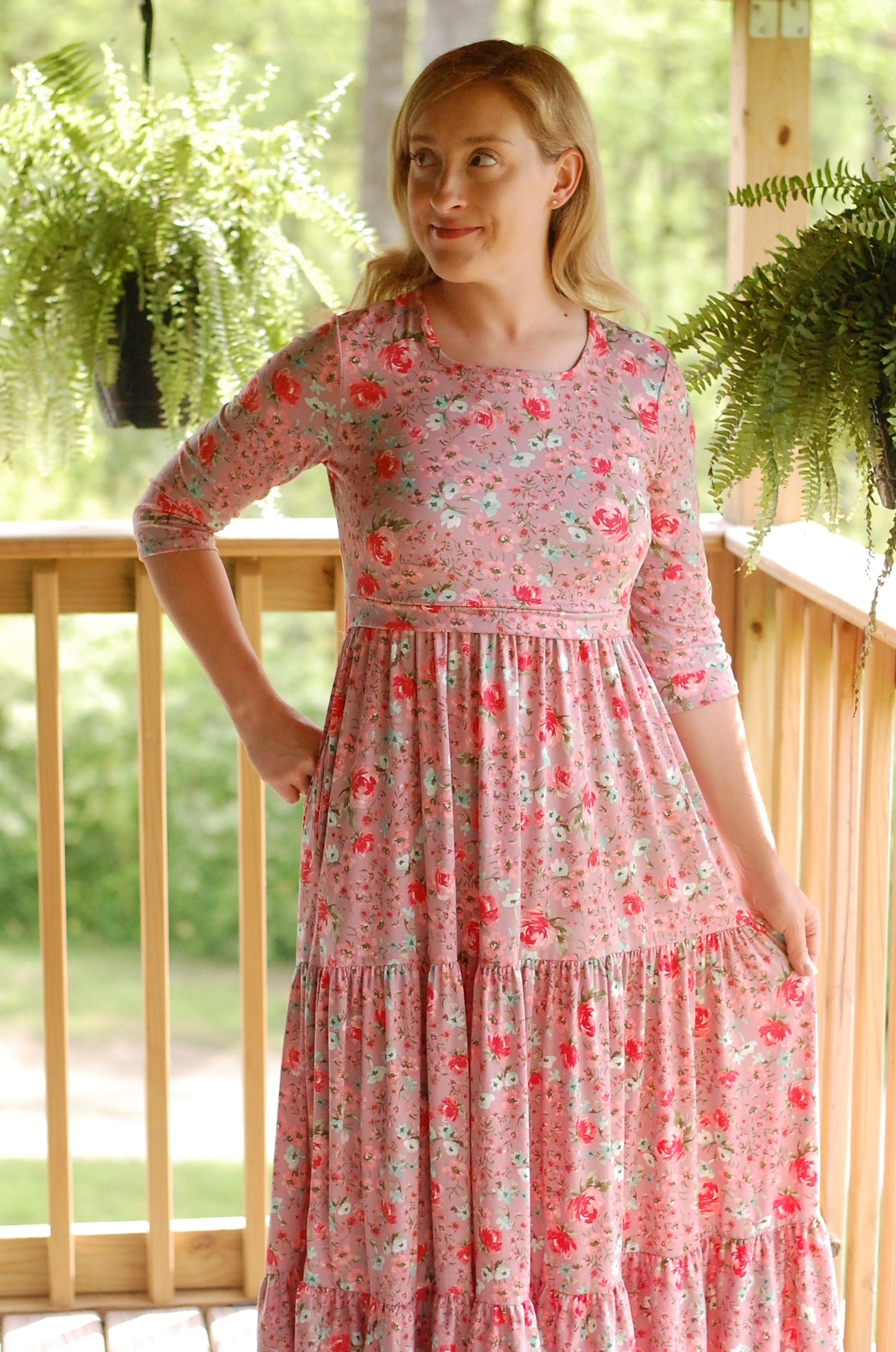 "Blushing Blooms" Mauve Floral Nursing Friendly Square Neck Tiered Dress