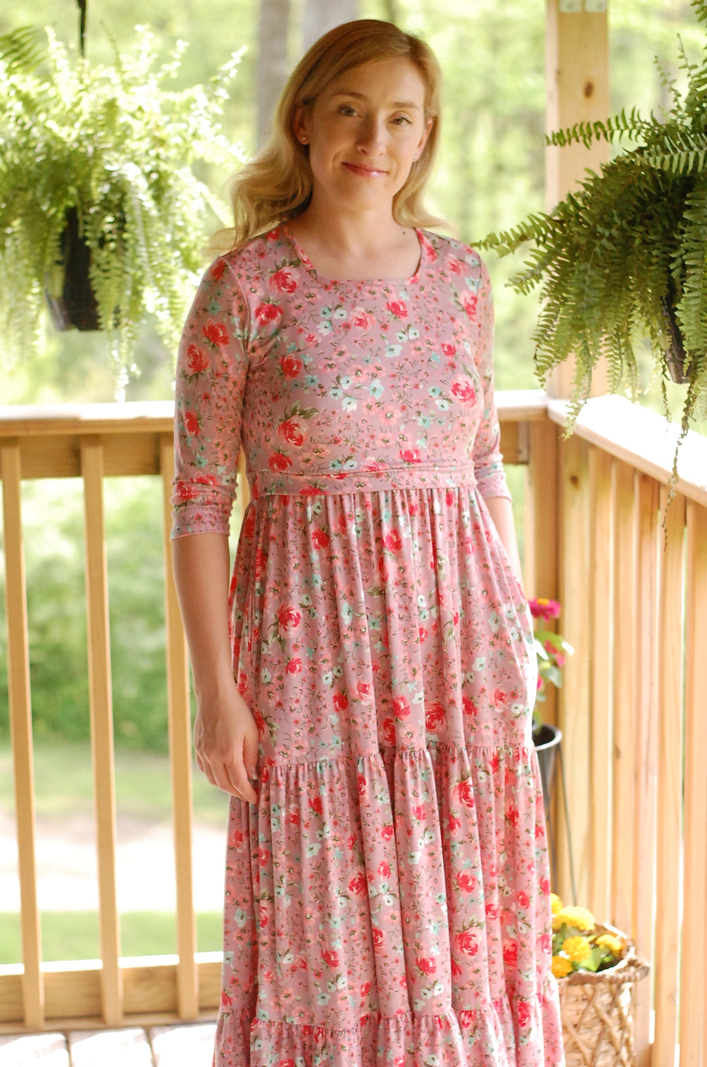 "Blushing Blooms" Mauve Floral Nursing Friendly Square Neck Tiered Dress