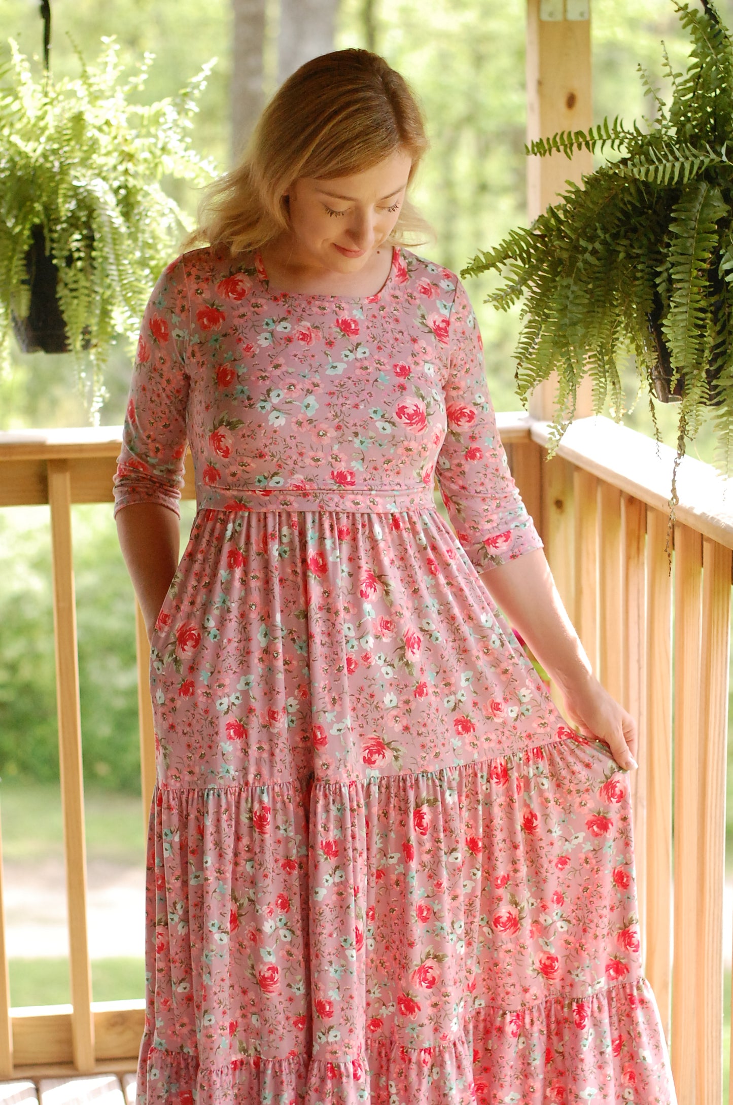 "Blushing Blooms" Mauve Floral Nursing Friendly Square Neck Tiered Dress