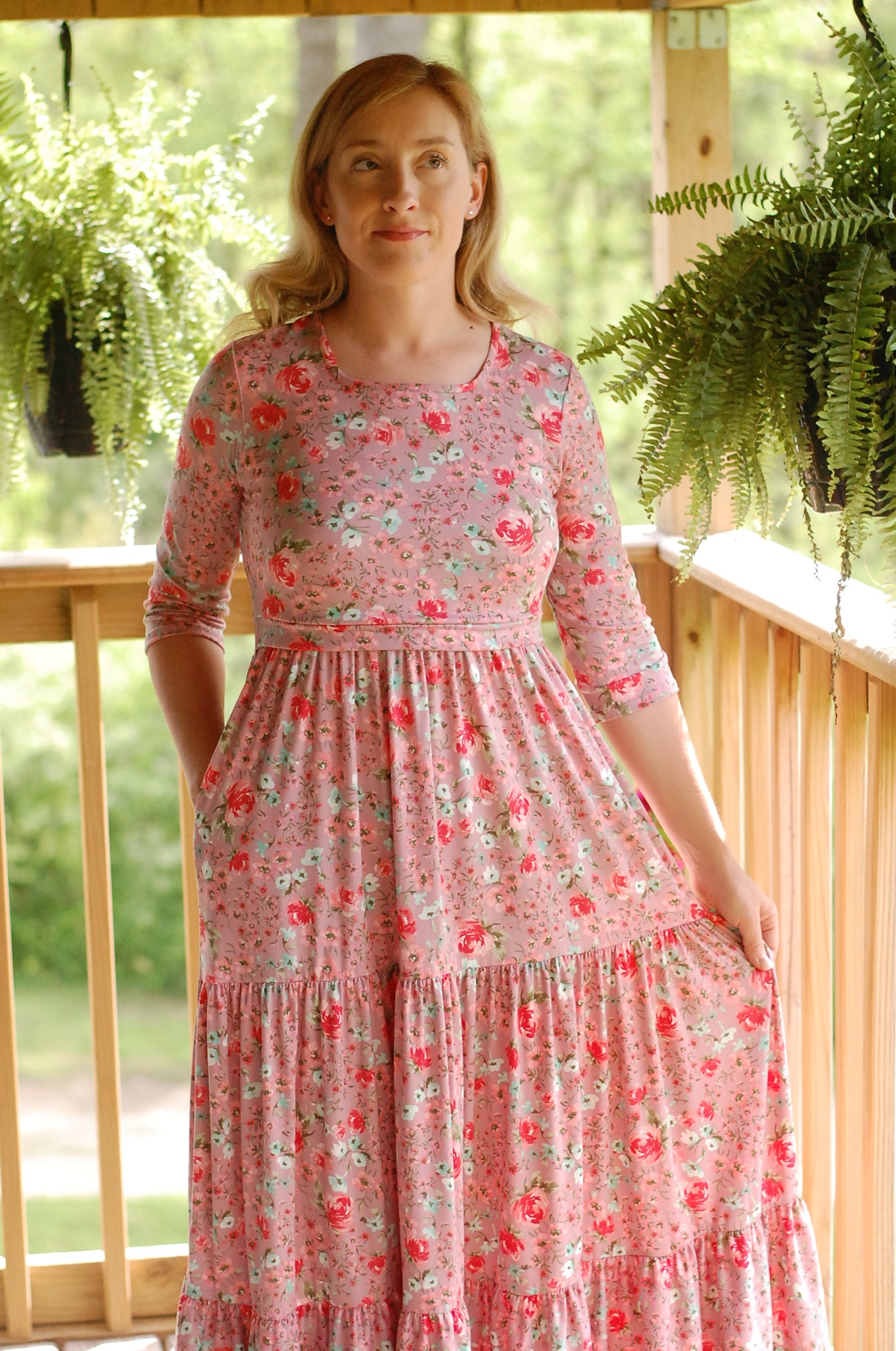 "Blushing Blooms" Mauve Floral Nursing Friendly Square Neck Tiered Dress