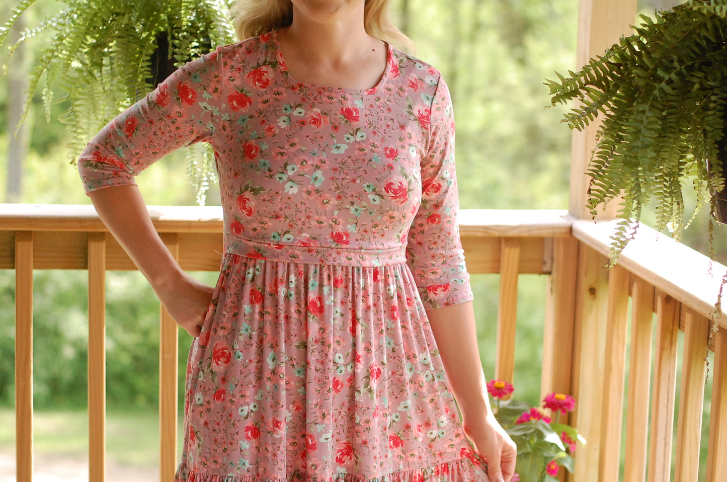 "Blushing Blooms" Mauve Floral Nursing Friendly Square Neck Tiered Dress