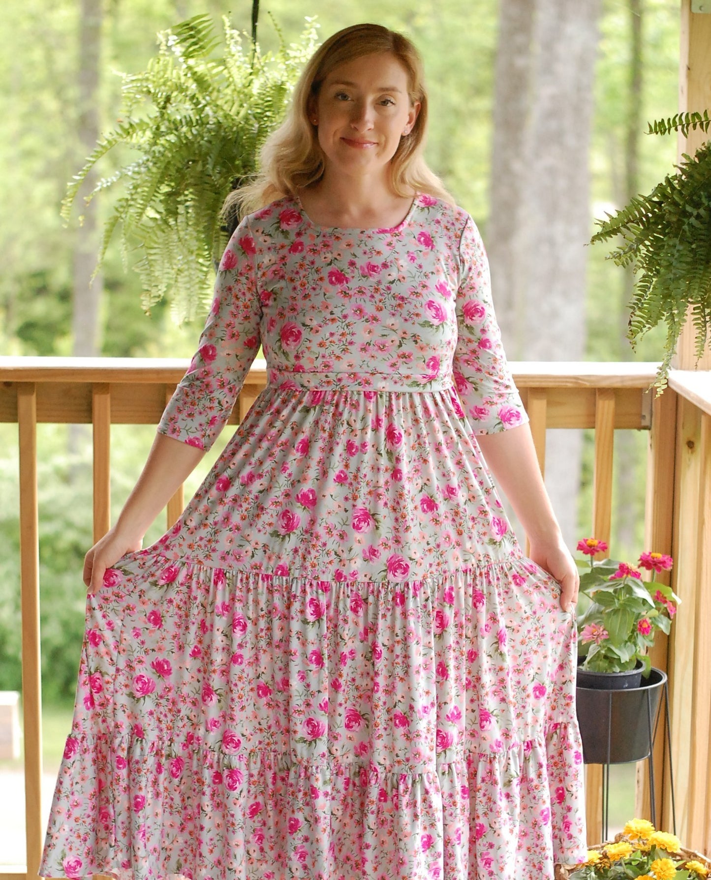 Mint Blossoms Floral Nursing Friendly Square Neck Tiered Dress