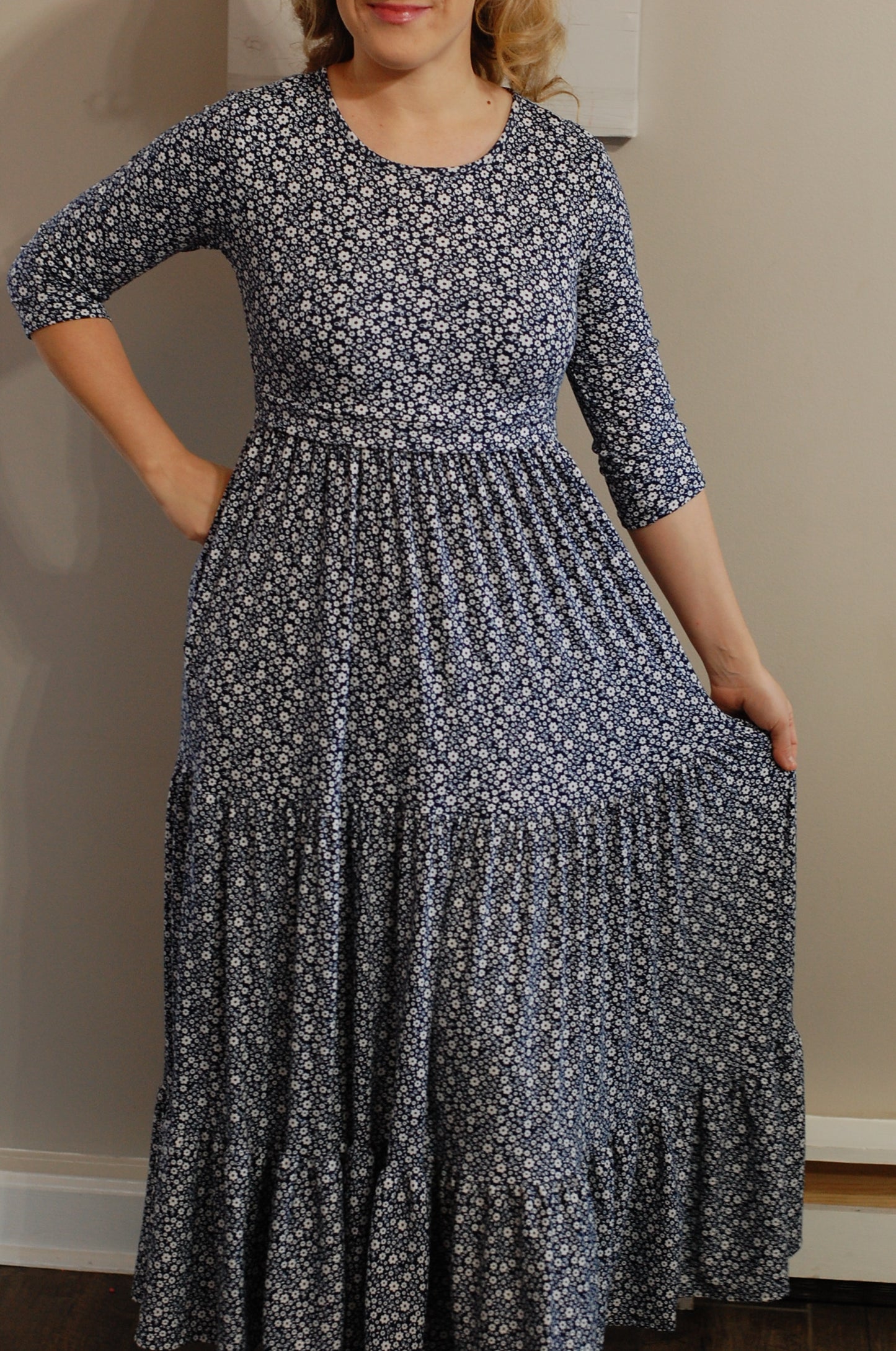 Navy Blooms Tiered Nursing Friendly Dress