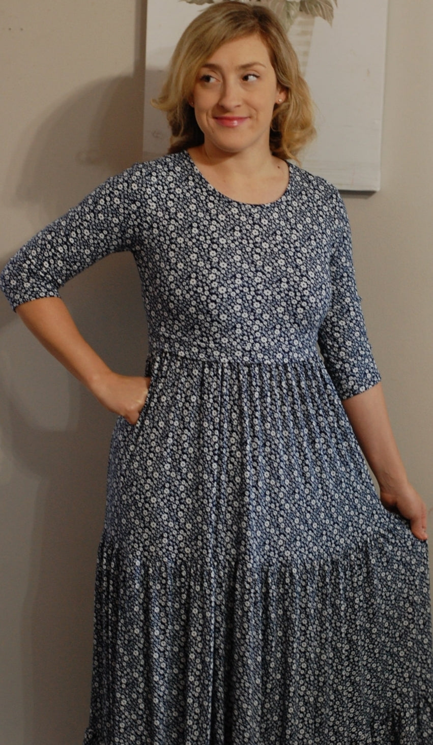 Navy Blooms Tiered Nursing Friendly Dress