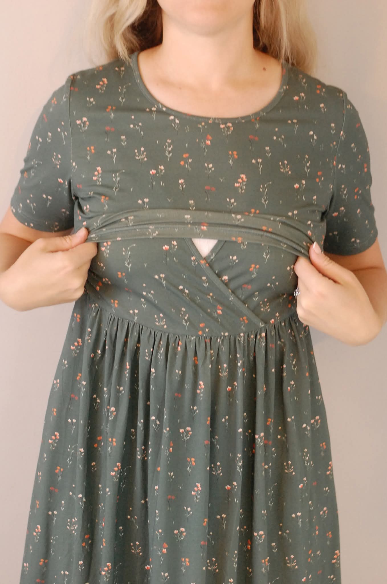 Forest Blooms Cotton MIDI Dress with Natural Waist Bodice