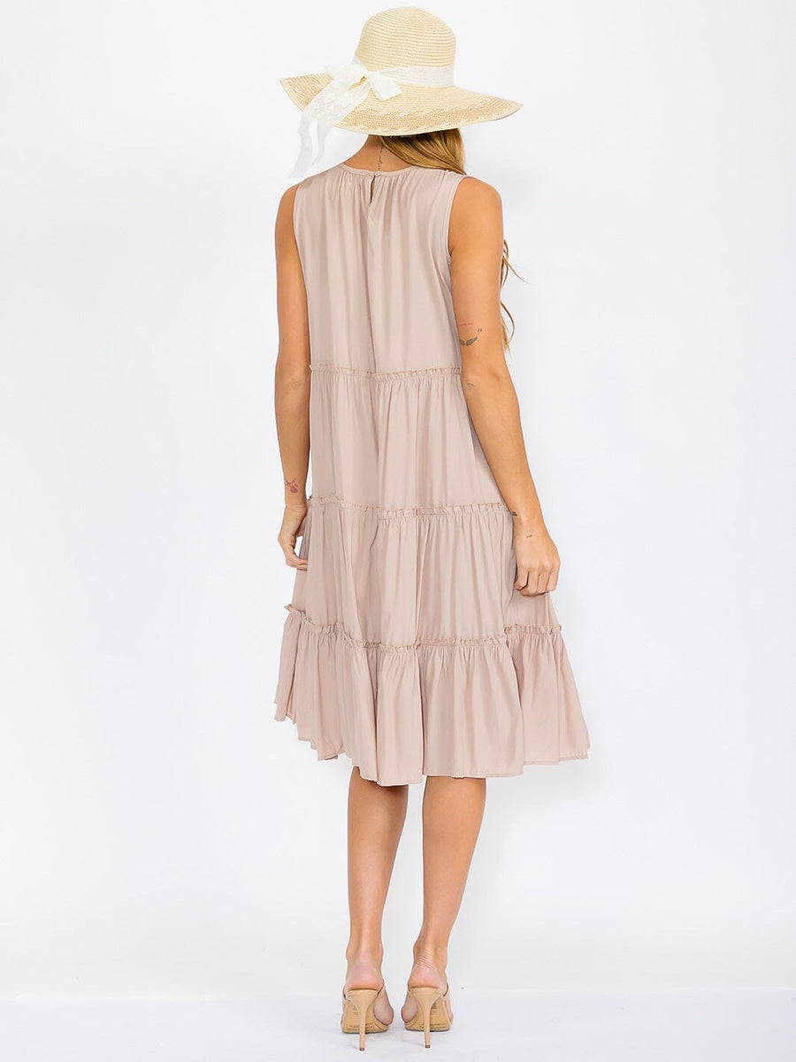 Sleeveless Tiered Midi Dress in Beige