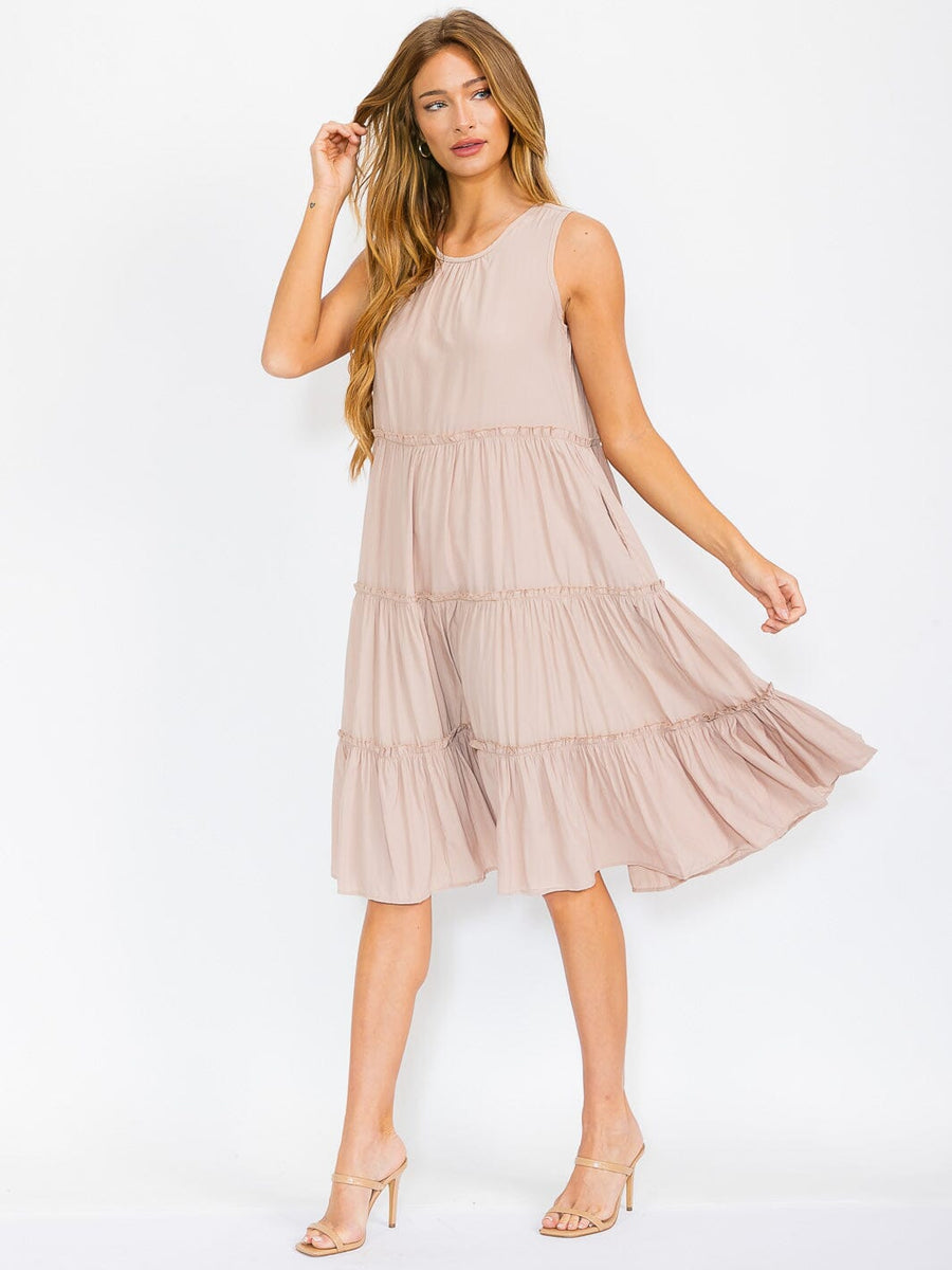 Sleeveless Tiered Midi Dress in Beige