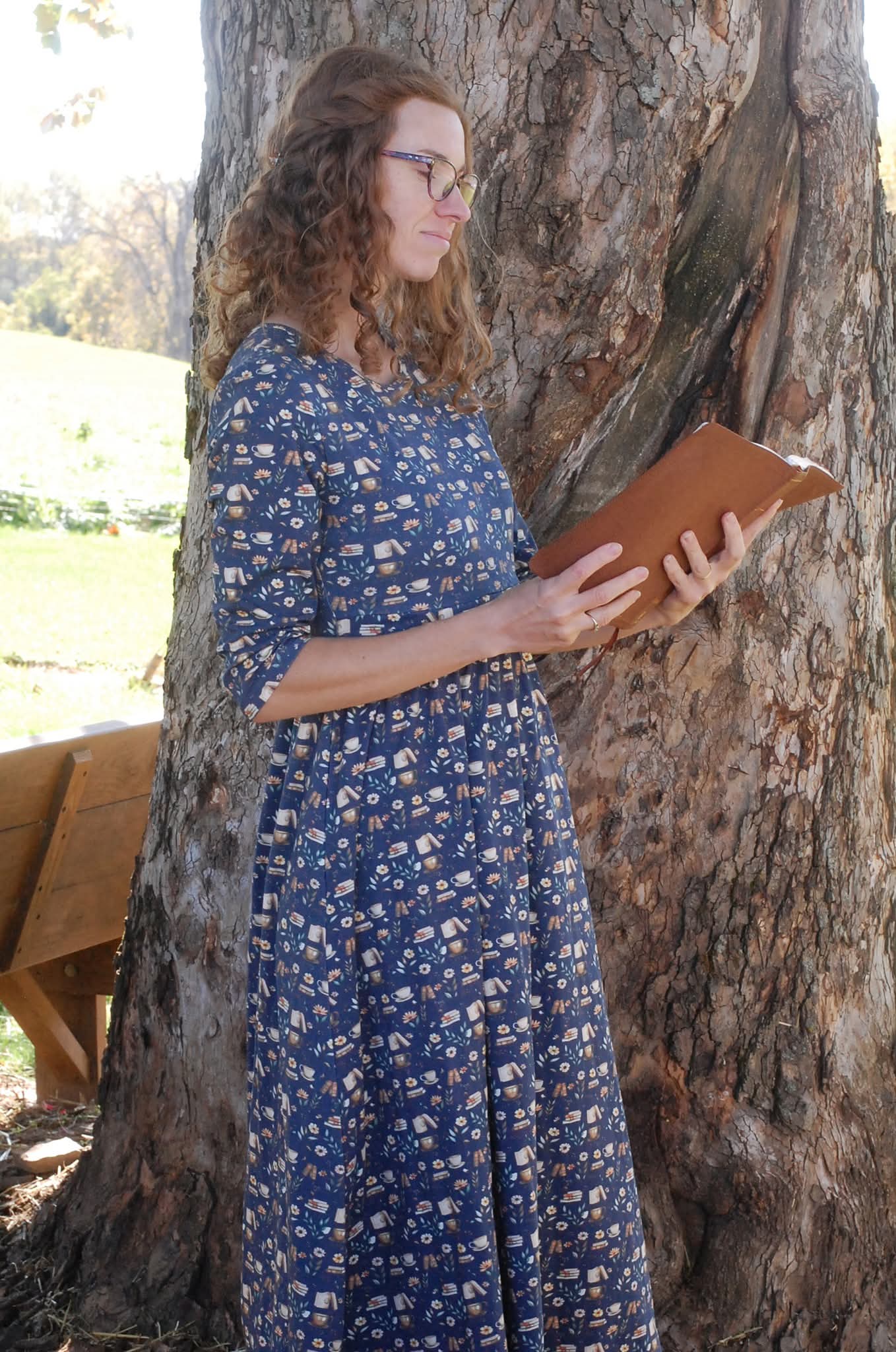 Pre-Order Blue Cotton "Novella" Book Print Homestead Nursing Friendly Dress