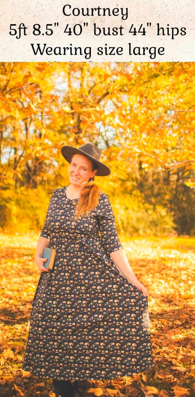 Blue Cotton "Novella" Book Print Homestead Nursing Friendly Dress