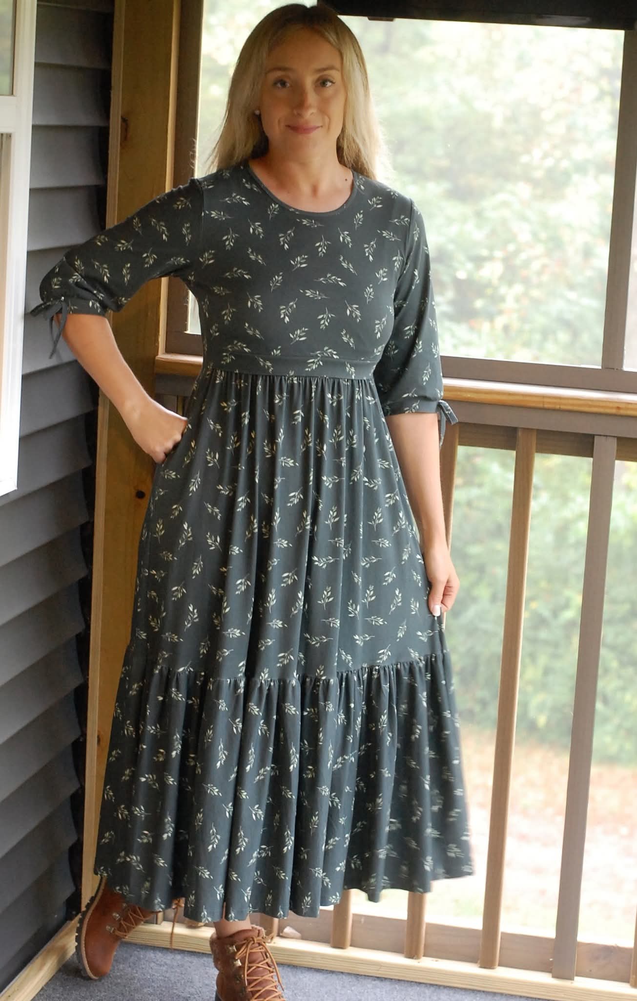 Olive Branch Nursing Friendly Cotton Tiered Midi Dress in Dark Green