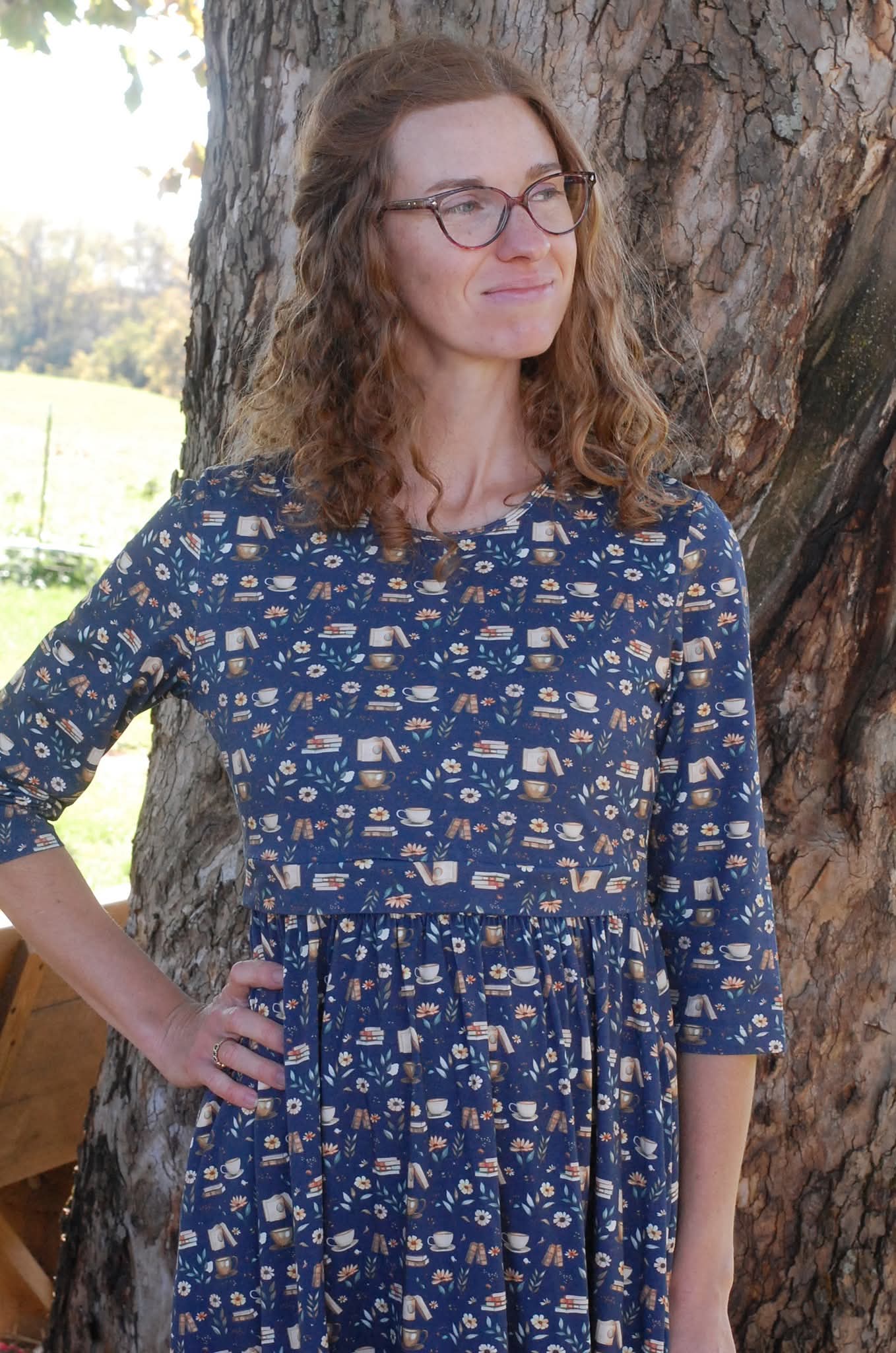 Pre-Order Blue Cotton "Novella" Book Print Homestead Nursing Friendly Dress