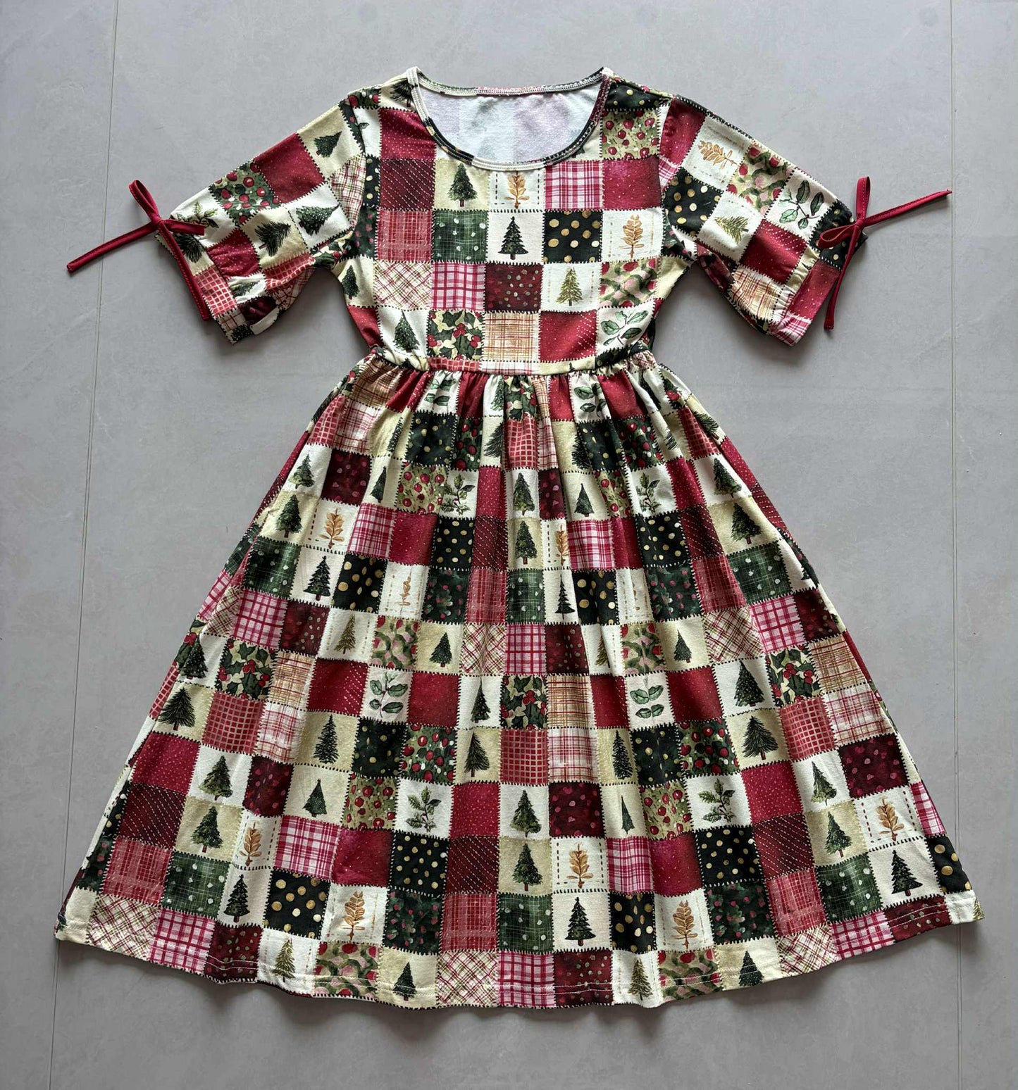 Pre-Order Girls Holiday Patchwork Cotton Tiered Dress