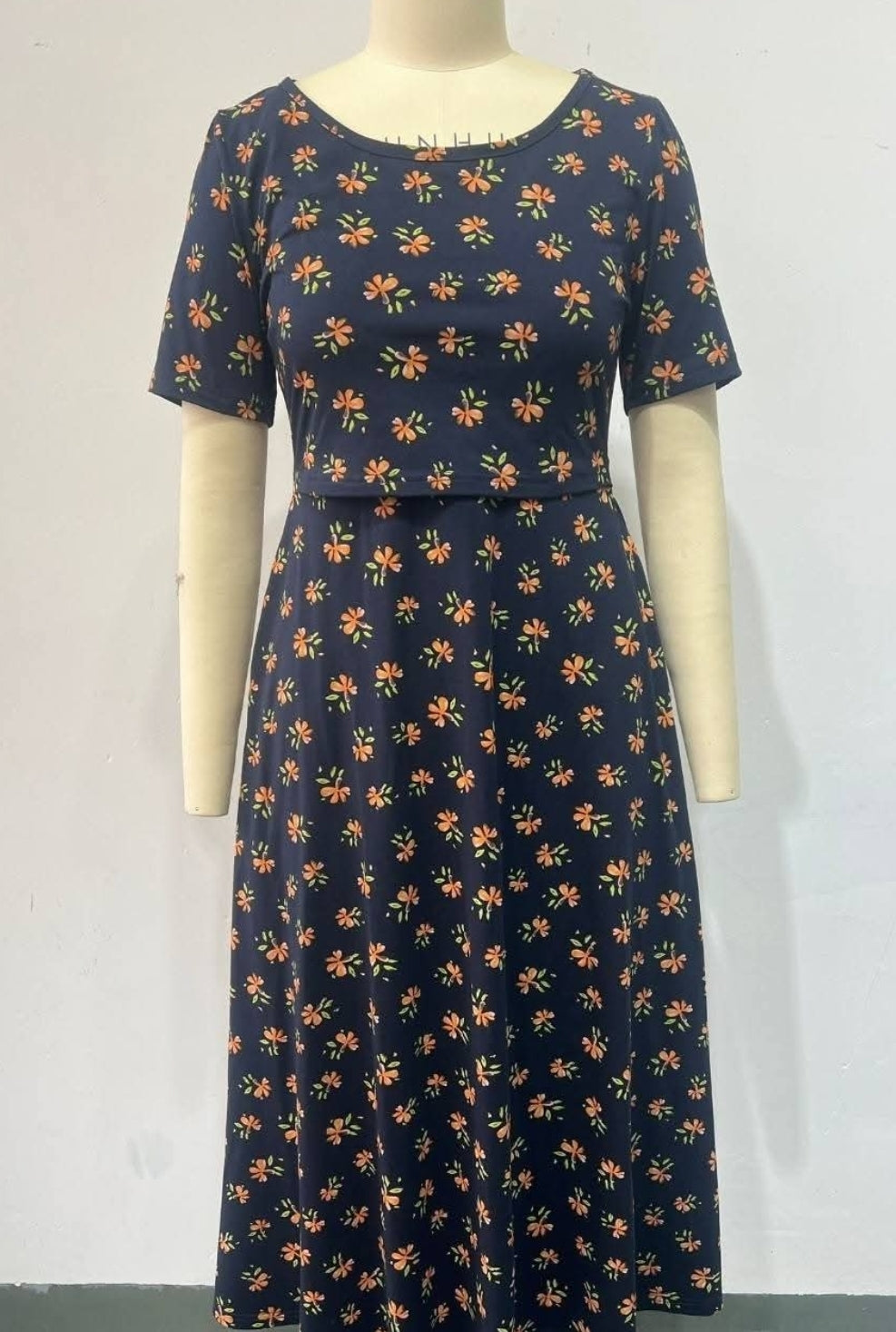 Cotton "Orange Blossom" Nursing Friendly Dress in Navy