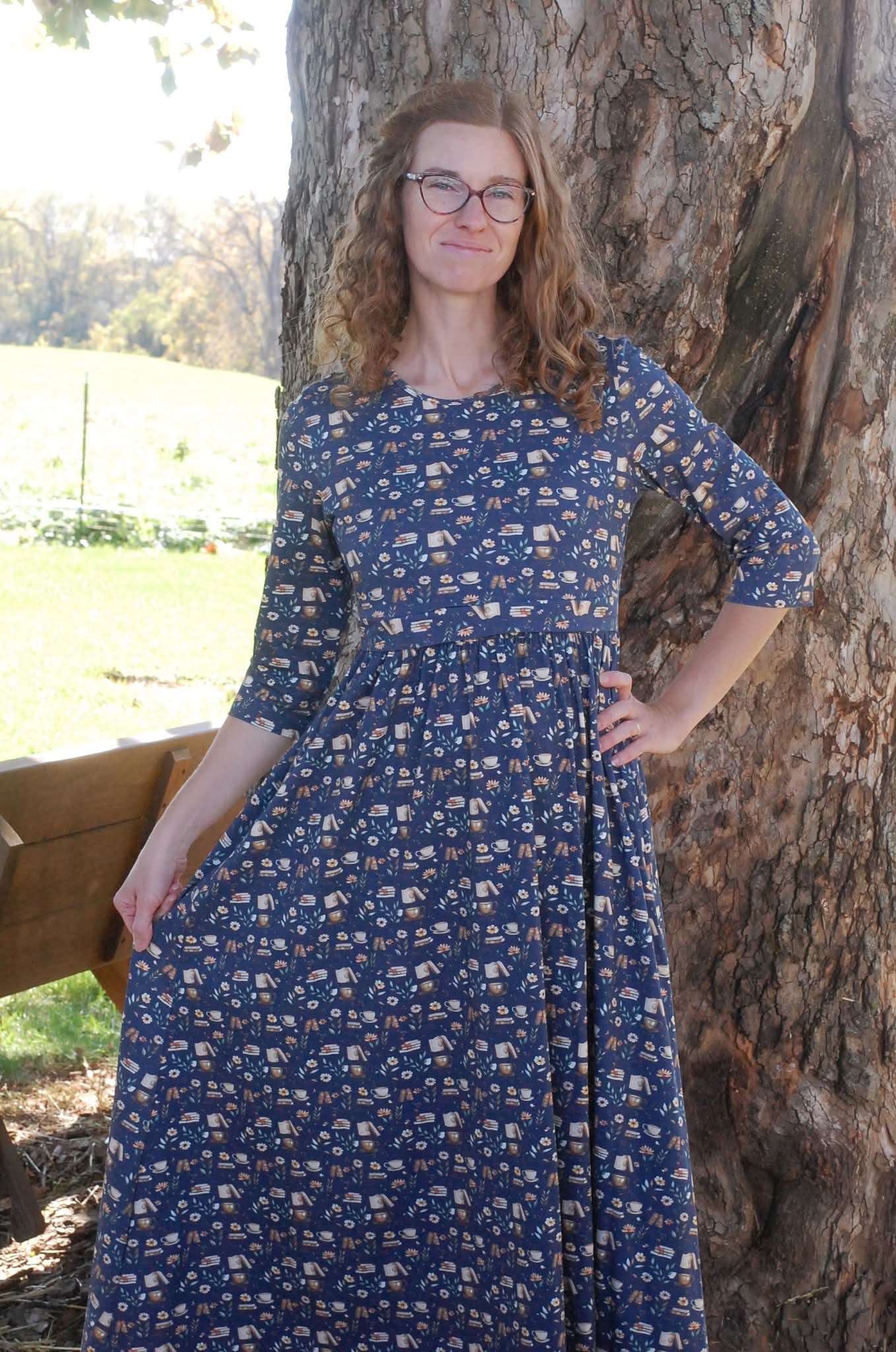 Pre-Order Blue Cotton "Novella" Book Print Homestead Nursing Friendly Dress