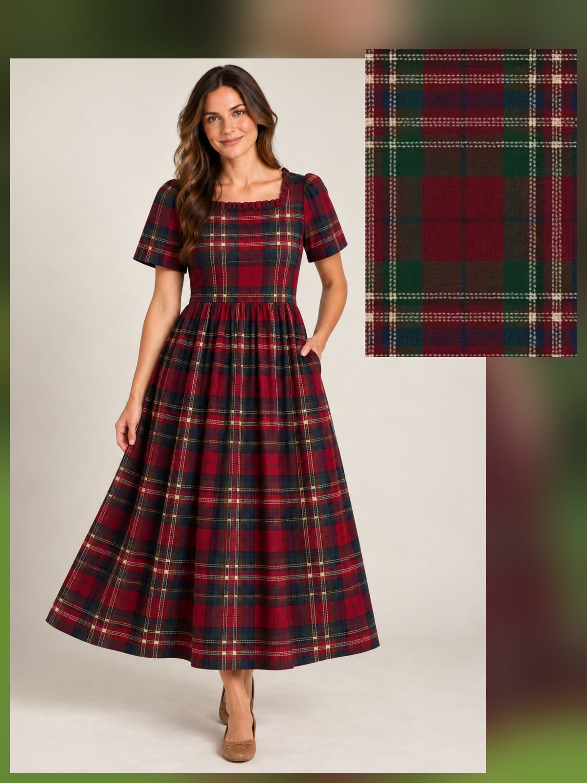 Pre-Order Holiday Plaid Cotton Ruffled Square Neck Dress