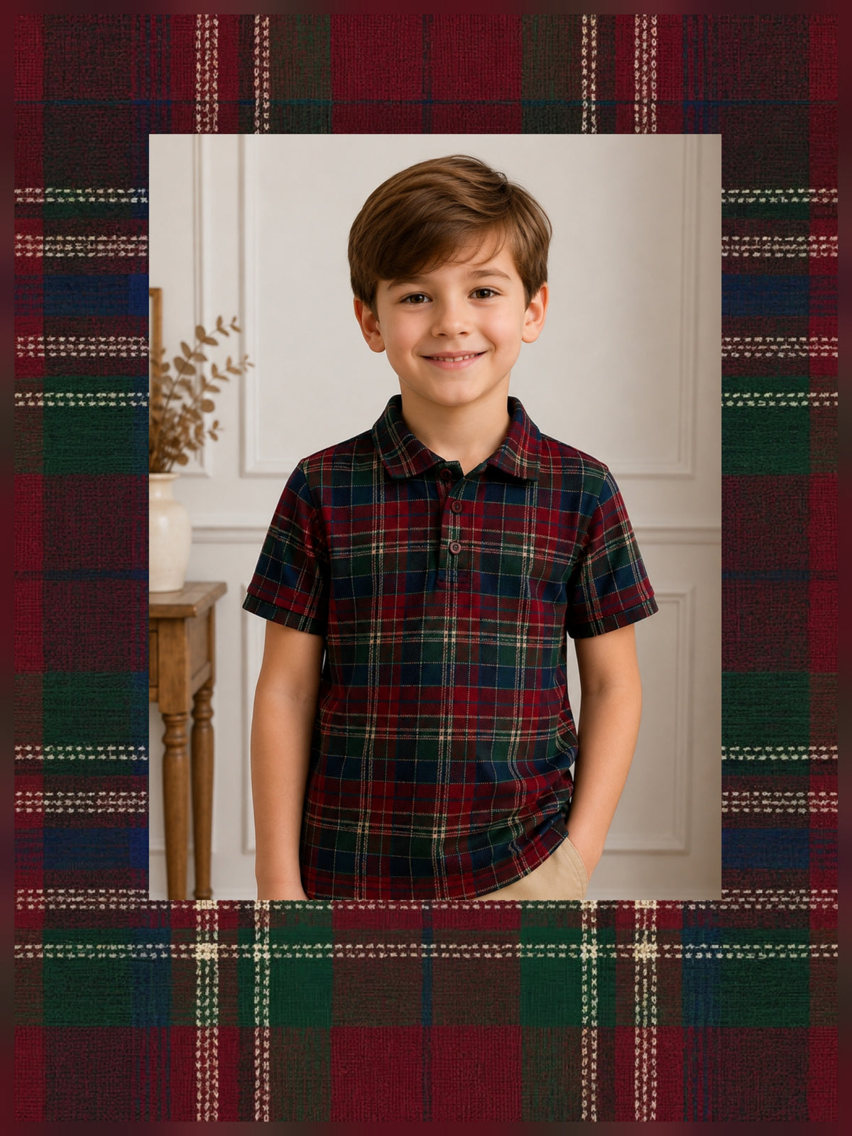 Boys Plaid Cotton Polo Shirt