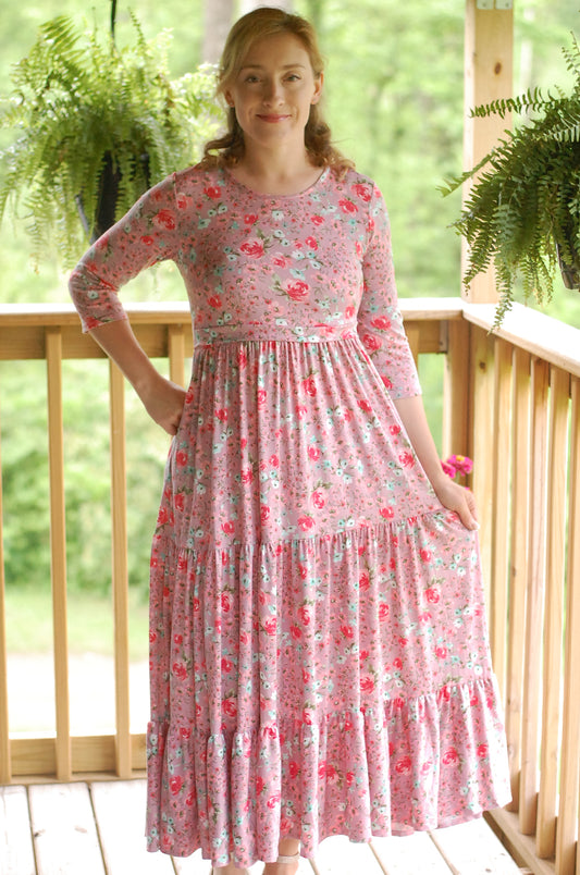 Blushing Blooms Mauve Floral Nursing Friendly Round Neck Tiered Dress