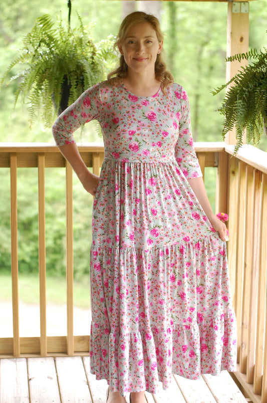 Mint Blossoms Floral Nursing Friendly Round Neck Tiered Dress