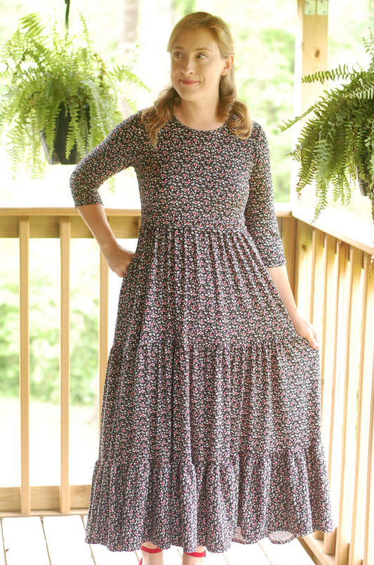 "Midnight Blooms" Black Floral Nursing Friendly Round Neck Tiered Dress