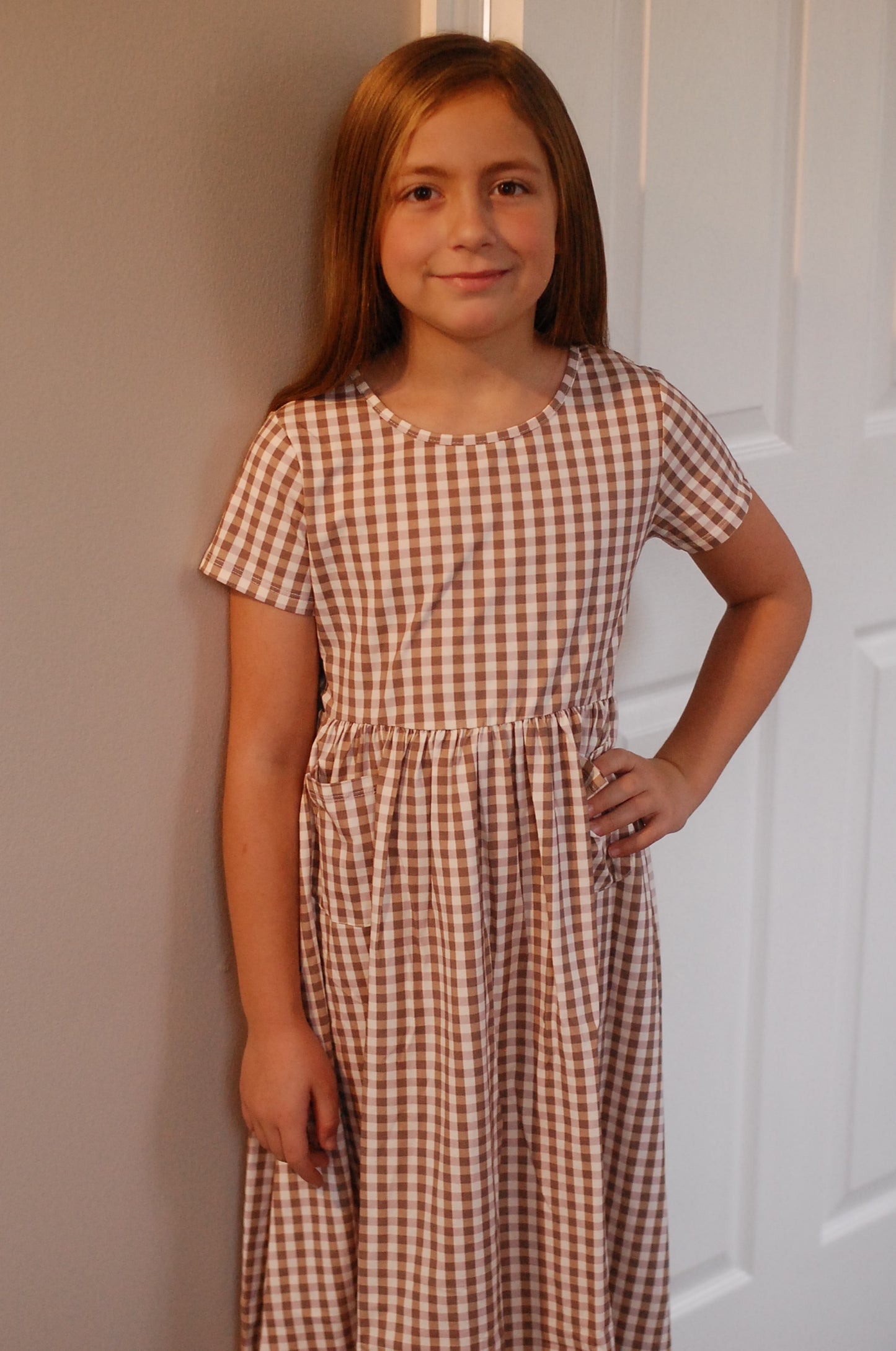 Girls Brown Gingham Front Pocket Dress