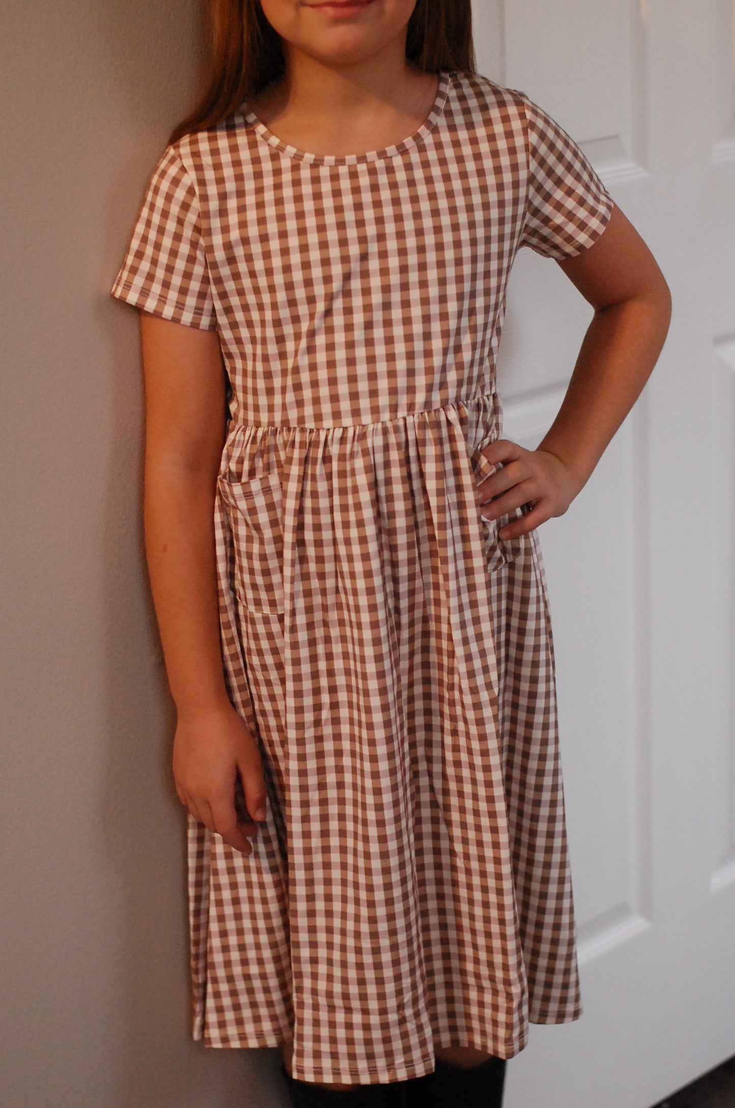 Girls Brown Gingham Front Pocket Dress