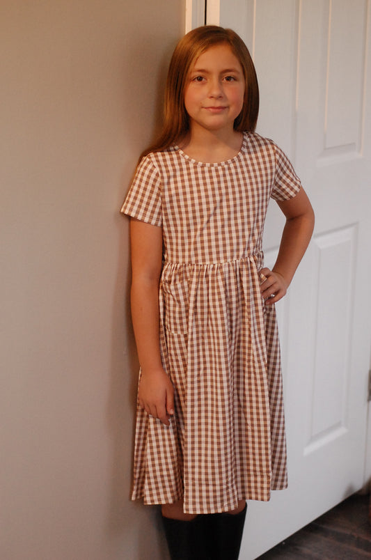 Girls Brown Gingham Front Pocket Dress