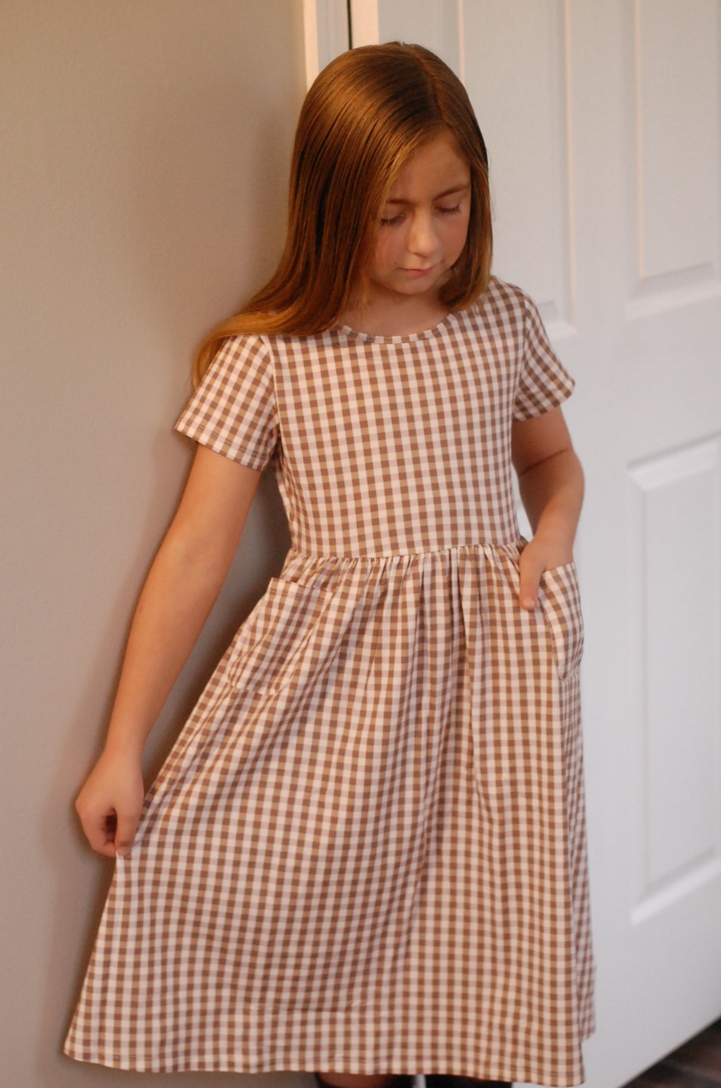 Girls Brown Gingham Front Pocket Dress