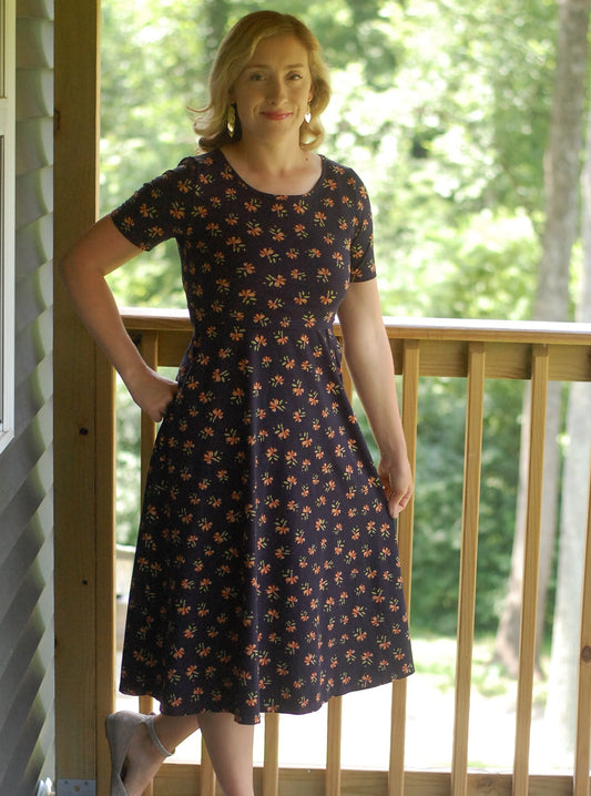 Pre-Order Cotton "Orange Blossom"  Nursing Friendly Dress in Navy