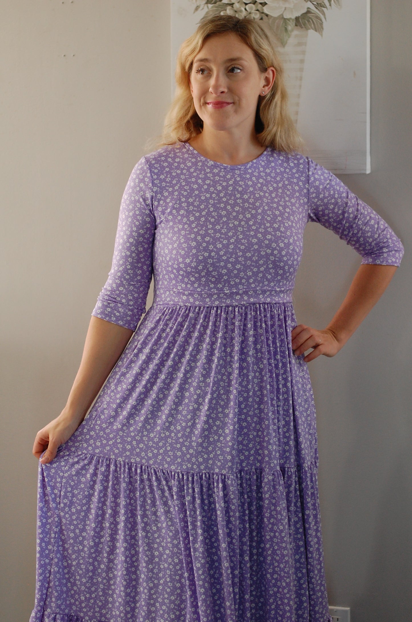 Lavender Blossoms Tiered Nursing & Maternity Friendly Dress