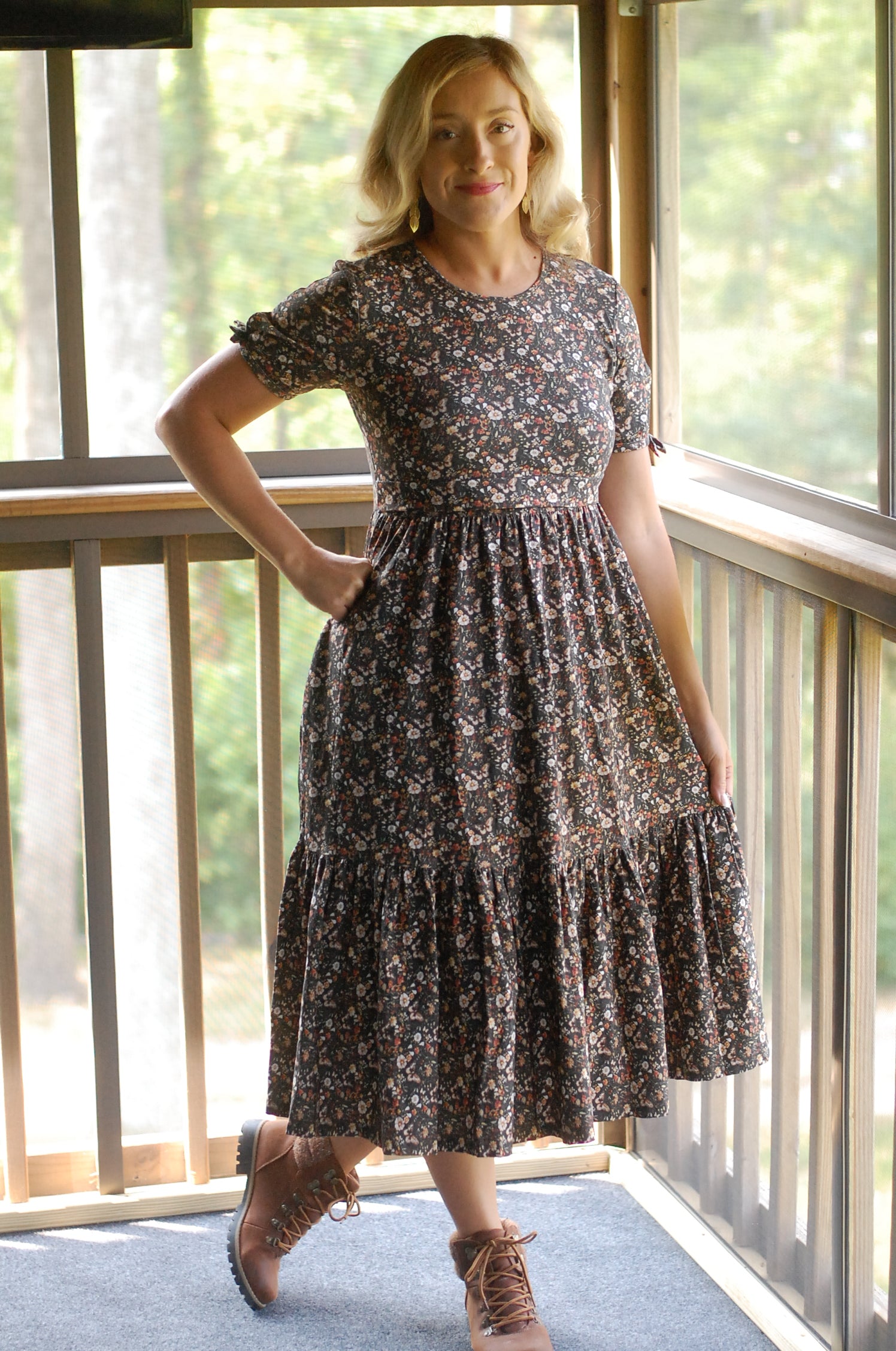 Cotton Butterfly Garden Tiered Midi Dress