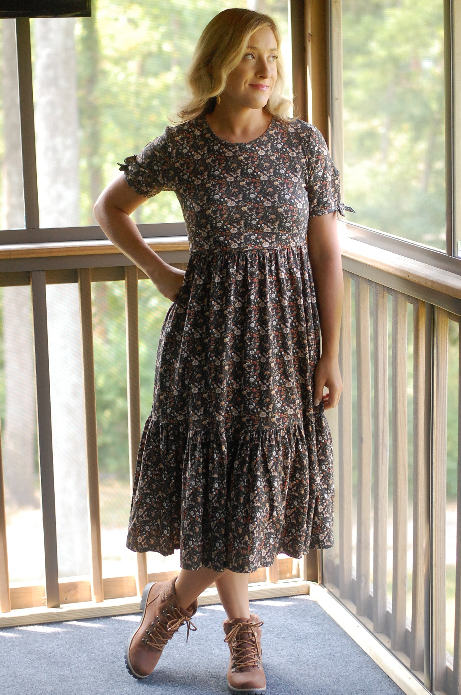 Cotton Butterfly Garden Tiered Midi Dress