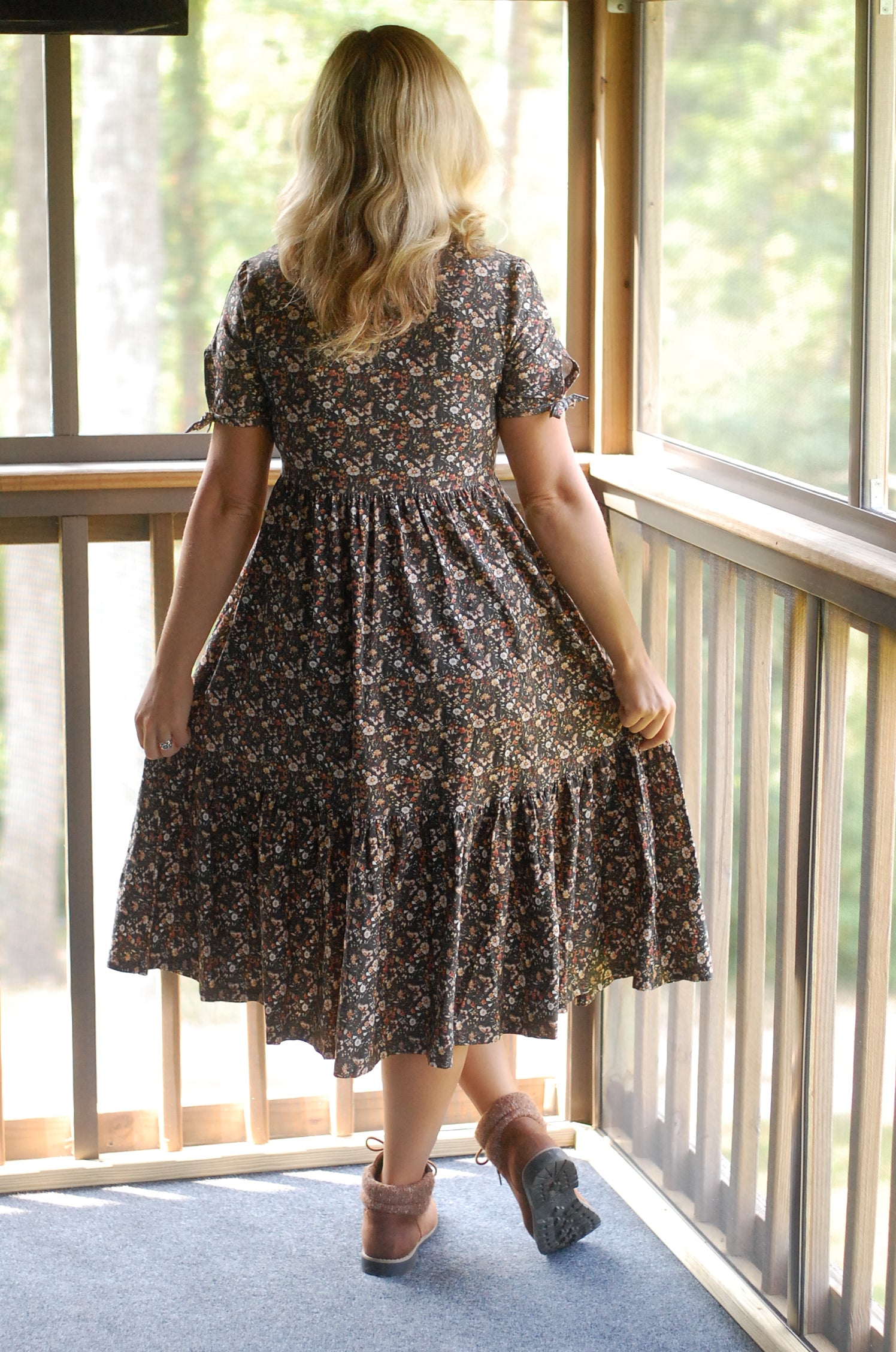 Cotton Butterfly Garden Tiered Midi Dress