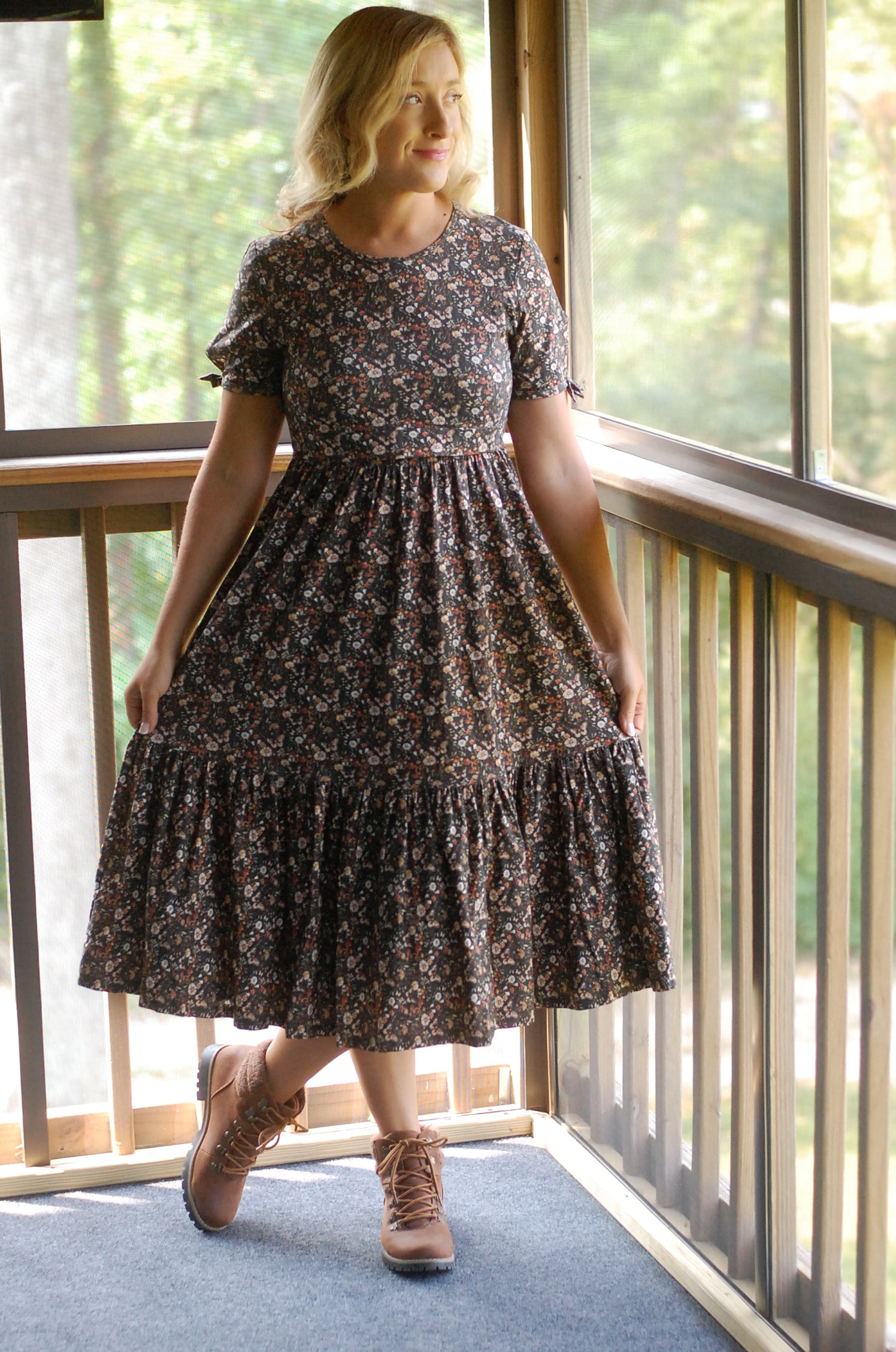Cotton Butterfly Garden Tiered Midi Dress