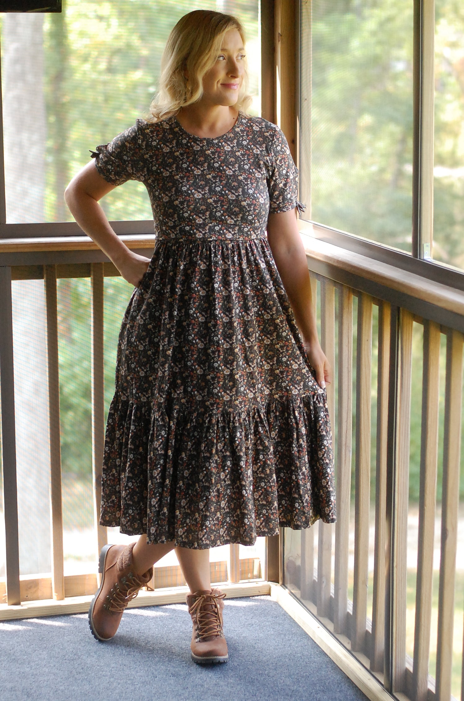 Cotton Butterfly Garden Tiered Midi Dress