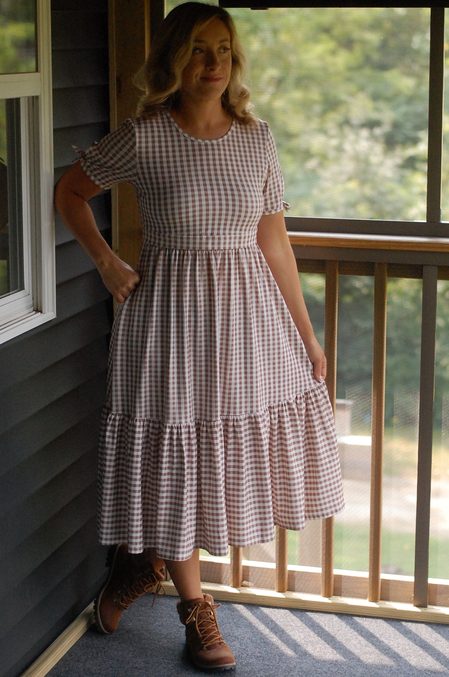 Brown Gingham Cotton Tiered Midi Dress