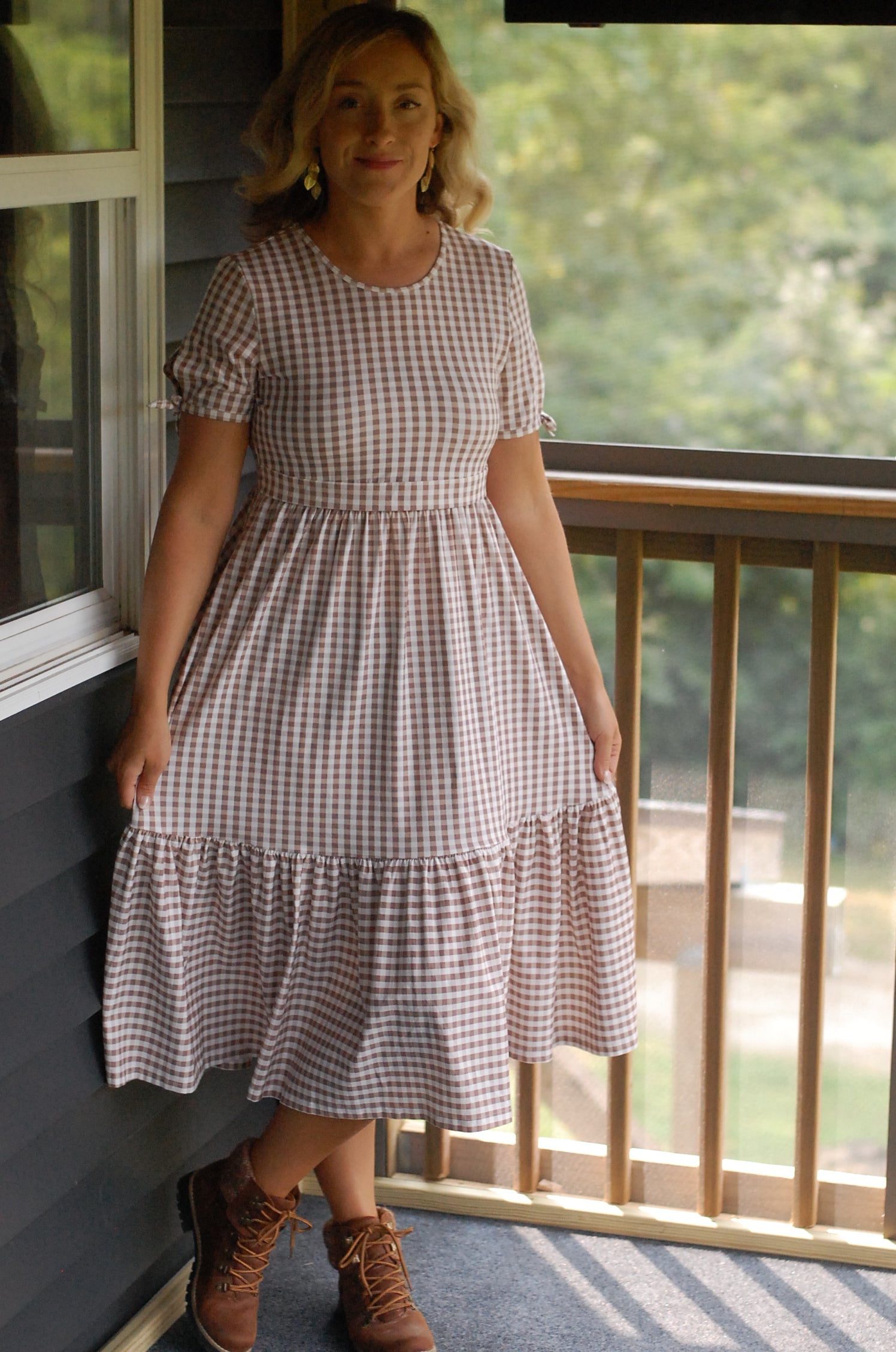 Brown Gingham Cotton Tiered Midi Dress