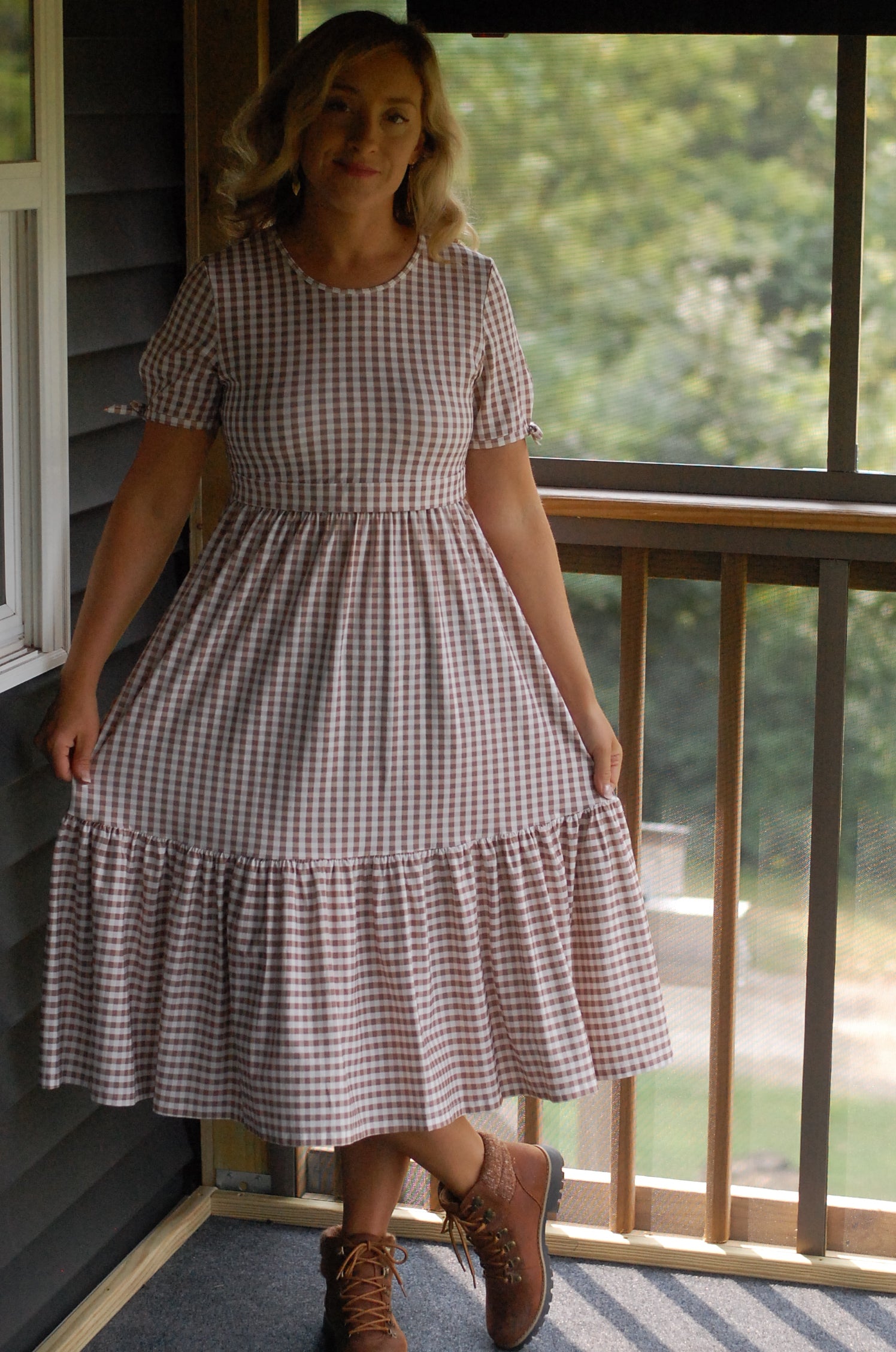 Brown Gingham Cotton Tiered Midi Dress