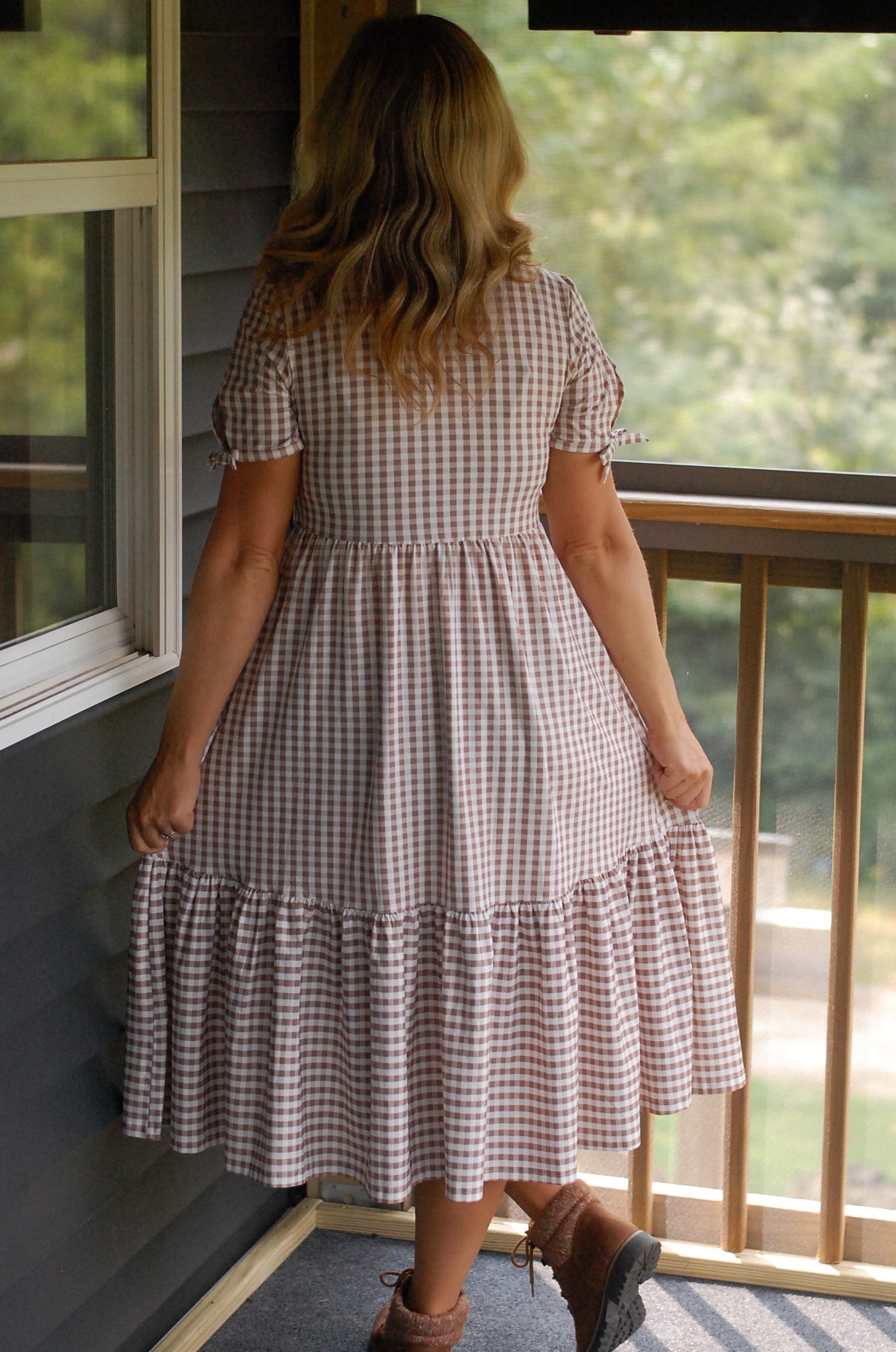 Brown Gingham Cotton Tiered Midi Dress