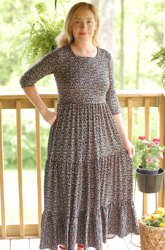 Midnight Blooms Black Floral Nursing Friendly Square Neck Tiered Dress