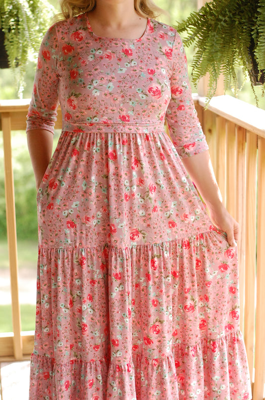 "Blushing Blooms" Mauve Floral Nursing Friendly Square Neck Tiered Dress