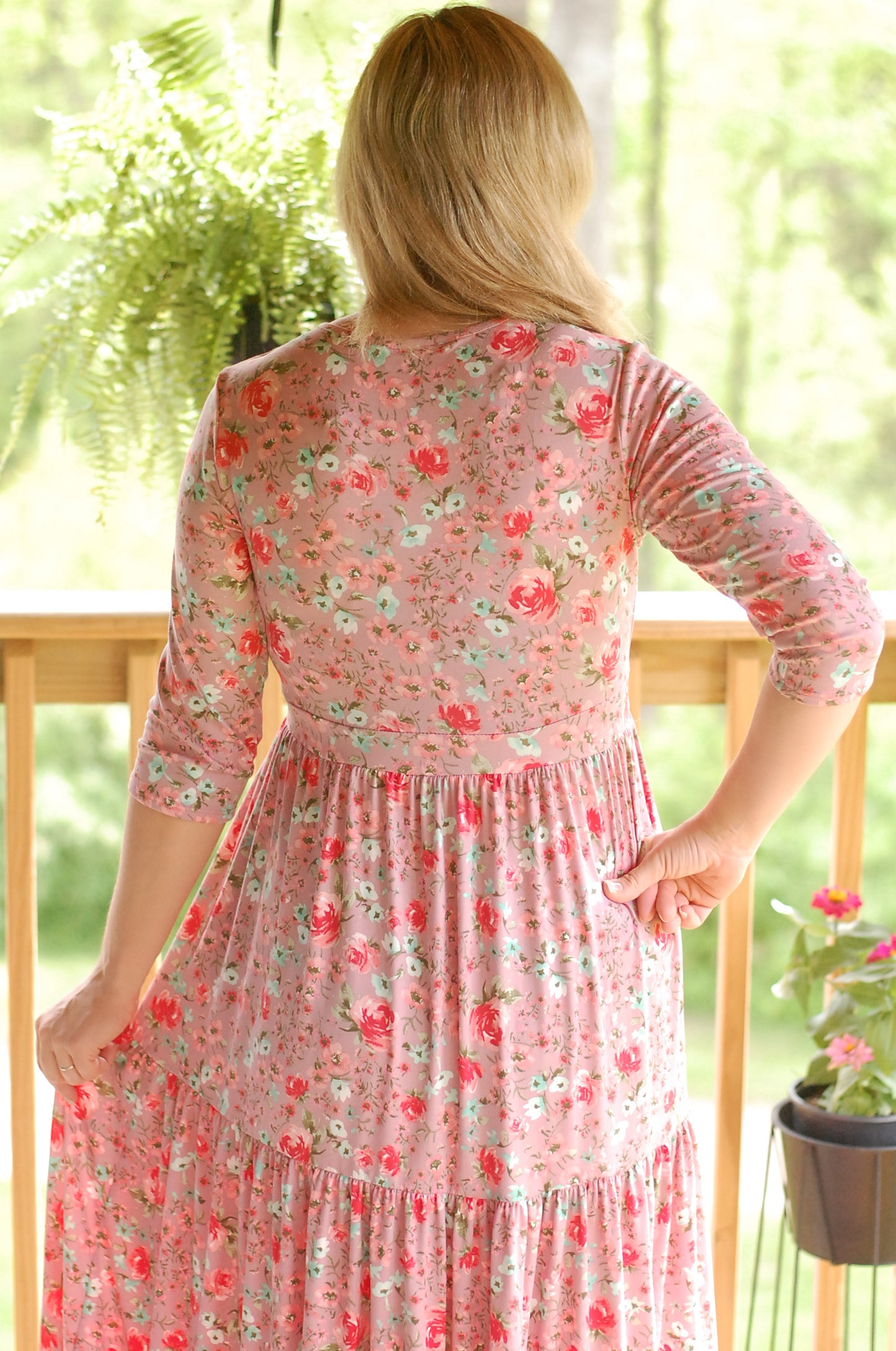 "Blushing Blooms" Mauve Floral Nursing Friendly Square Neck Tiered Dress
