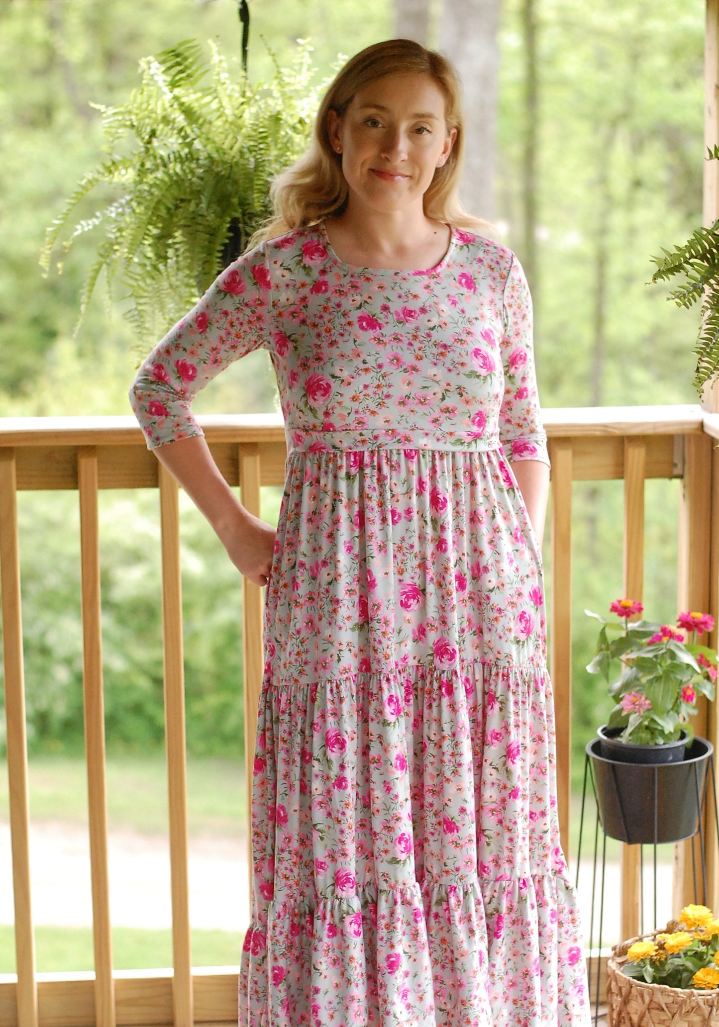 Mint Blossoms Floral Nursing Friendly Square Neck Tiered Dress