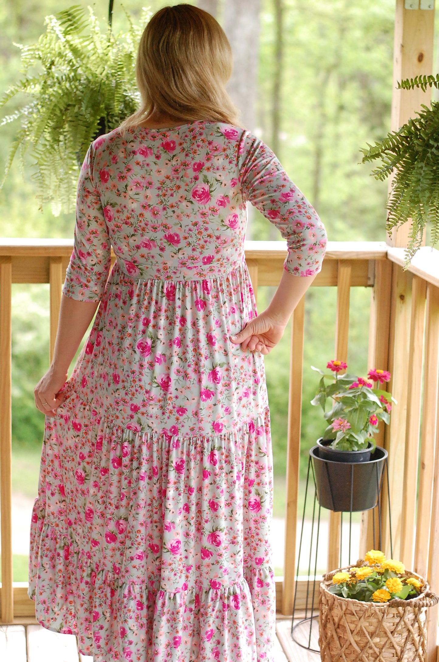 Mint Blossoms Floral Nursing Friendly Square Neck Tiered Dress